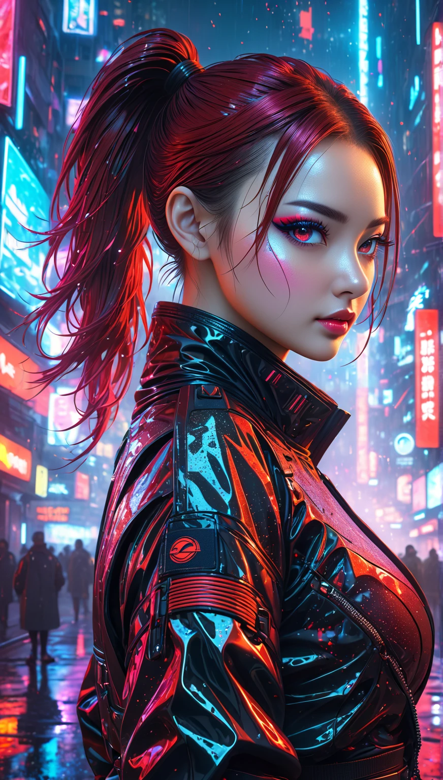 1 girl, solo, cyberhanfu, long sleeves, chinese_clothes, in red and black, cyberpunk city, dynamic pose, Headdress, hair ornament, long hair, cyberpunk, a high-tech city, full of machinery and futuristic element, futurism, technology