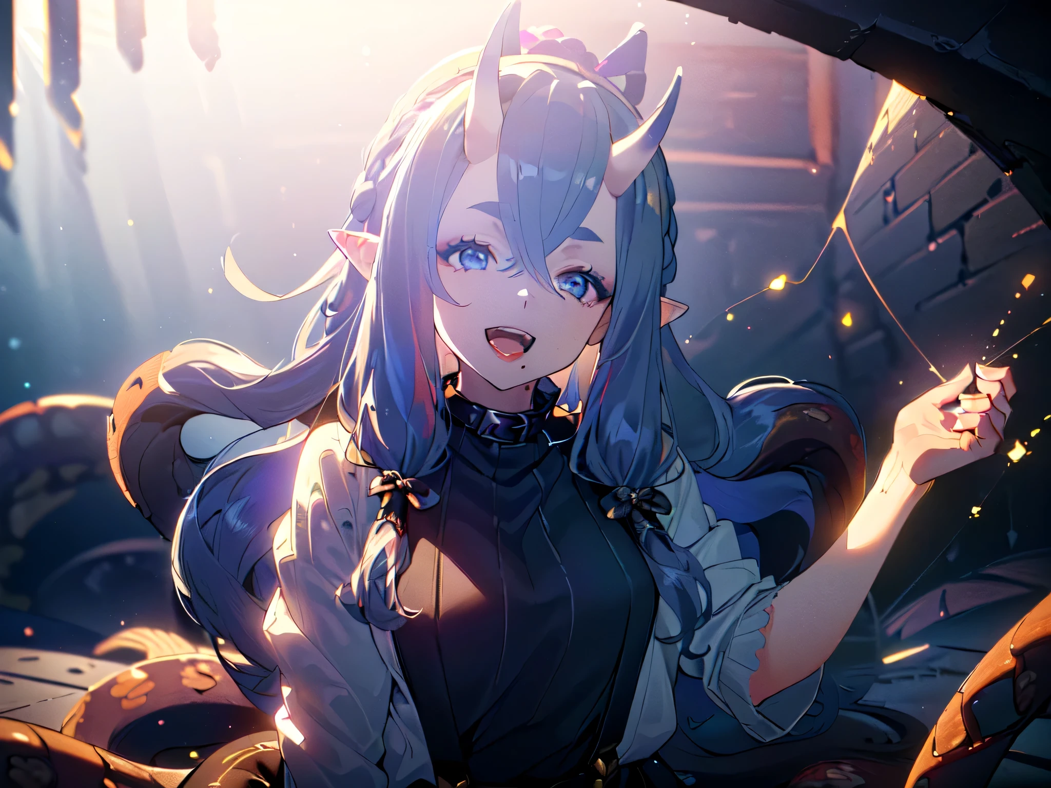 (Upper body POV, 3D work, deep shadows, underground black wall, surrounded by tentacles, lower body buried in tentacles, dancing particles: 1.5), (Super cute girl, with collar, suspenders, vertical knit sweater, lace blouse, lace black shorts, horse ears, frilly hair accessory, headband hair accessory, mini hat hair accessory: 1.5), (Ponytail hair, wavy hair, super long hair, arms behind head, arms spread, kneeling, crawling, girl on top, straddling, smile, open mouth, blue eyes, highlight emphasis, more highlights, rim light, anatomically correct, transparent texture, masterpiece, highest quality, maximum resolution, maximum detail, sharp drawing: 1.5)