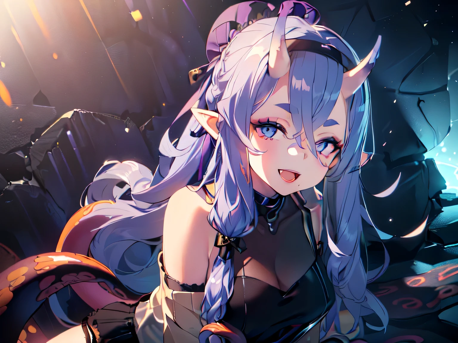 (Left tilt, upper body POV, 3D work, deep shadow, underground black wall, surrounded by tentacles, lower body buried in tentacles, dancing particles: 1.5), (Super cute girl, with collar, suspenders, vertical knit sweater, lace blouse, lace black shorts, horse ears, ruffled hair accessory, headband hair accessory, mini hat hair accessory: 1.5), (ponytail hair, wavy hair, super long hair, arms behind head, arms spread, kneeling, crawling, girl on top, straddling, smile, open mouth, blue eyes, highlight emphasis, more highlights, rim light, anatomically correct, transparent texture, masterpiece, highest quality, maximum resolution, maximum detail, sharp drawing: 1.5)