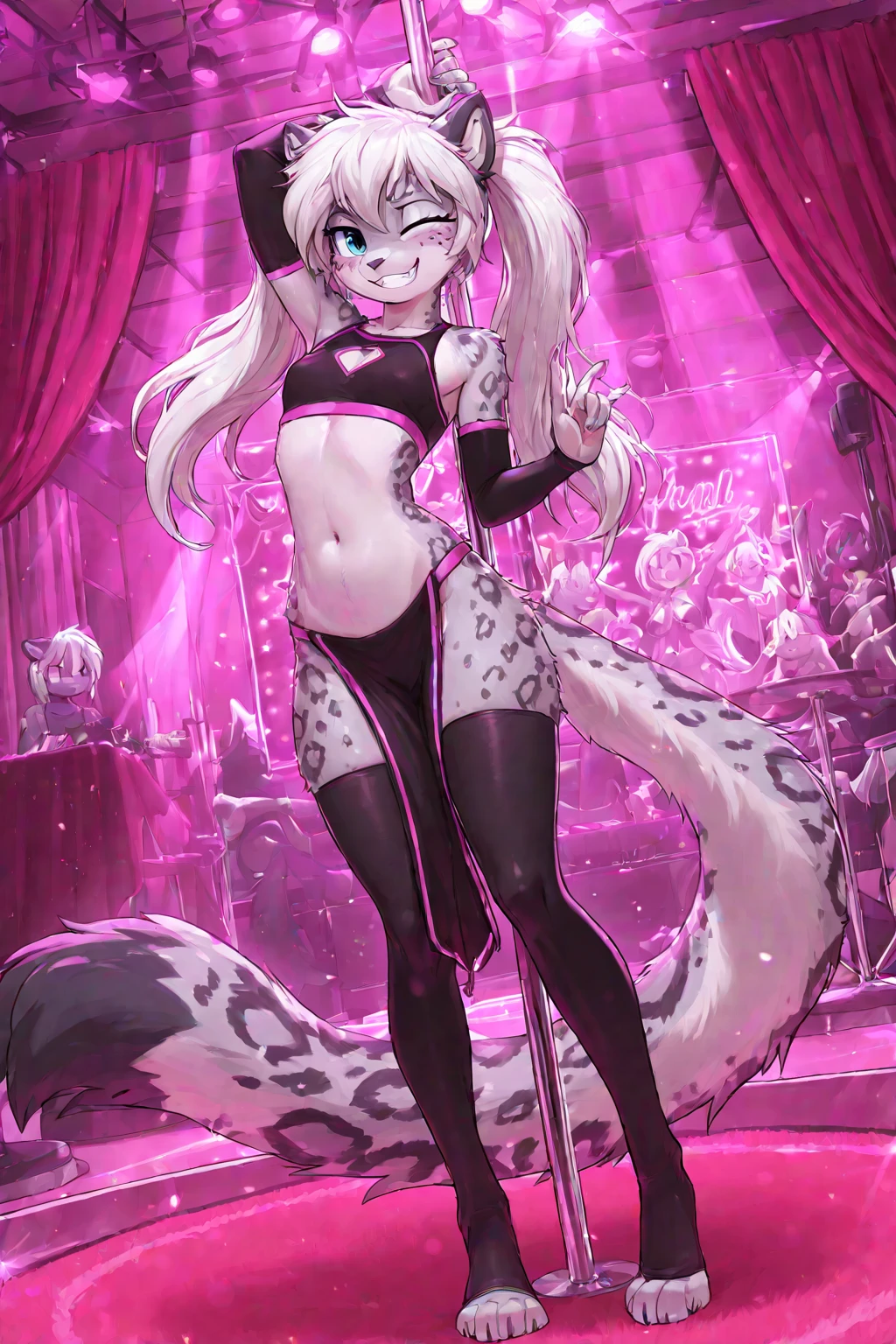 score_9,score_8_up,score_7_up, source_cartoon, source_furry, Kat, a cute Anthro furry feline girl, tall body, hourglass figure, adult female, blue eyes, :3, silver fur, long blonde hair, highlights in hair, white whiskers, pink nose, dancing, looking ready to fuck, in heat, eyes sparkling, at a colorful nightclub, nightclub, neon lights, seductive, nude, lewd dance, hip sway, slutty, fishnet thichhighs, fishnet armlets, pussy, pussy juice