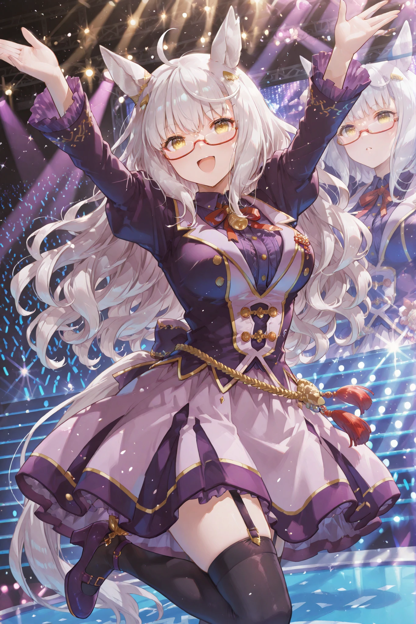 one leg raised,biwa hayahide\(umamusume\) horse tail, ahoge, hair ornament, wavy hair, white hair, yellow eyes, glasses, animal ears, ear ornament, large breasts semi-rimless eyewear, under-rim eyewear, red-framed eyewear, long sleeves, neck ribbon, red ribbon, puffy sleeves, juliet sleeves, buttons, purple shirt, dress, jacket, purple skirt, bell, miniskirt, zettai ryouiki, garter straps, black thighhighs, purple footwear, high heels, on a dazzling stage at a large live venue, close-up shot, intense stage lighting focusing on her, capturing her energetic and lively expression, vibrant smile, 'Umapyoi-like' pose. panties