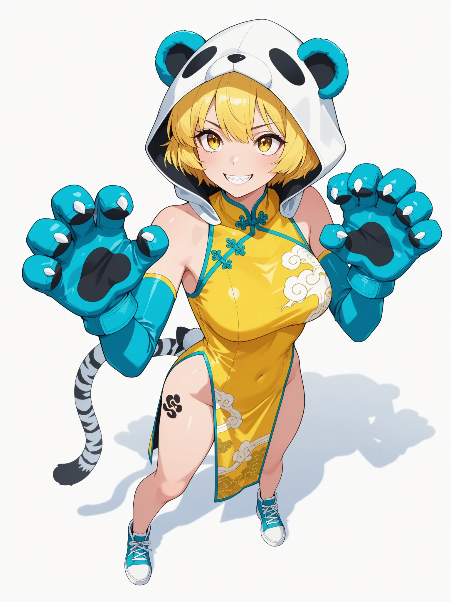obra de arte,melhor qualidade,high resolution,mulher de 30 anos,cabelo azul,cabelo amarrado,Rosto bonito,olhos amarelos,olhos brilhantes,orelhas de gato,corpo perfeito,ATHLETIC BODY,Milf,fisiculturista pose, seios pequenos, coxas grossas,bunda grande,round buttocks,fisiculturista,Jaqueta por cima,Bom, perneiras,standing,expression of pleasure, Dentro do quarto