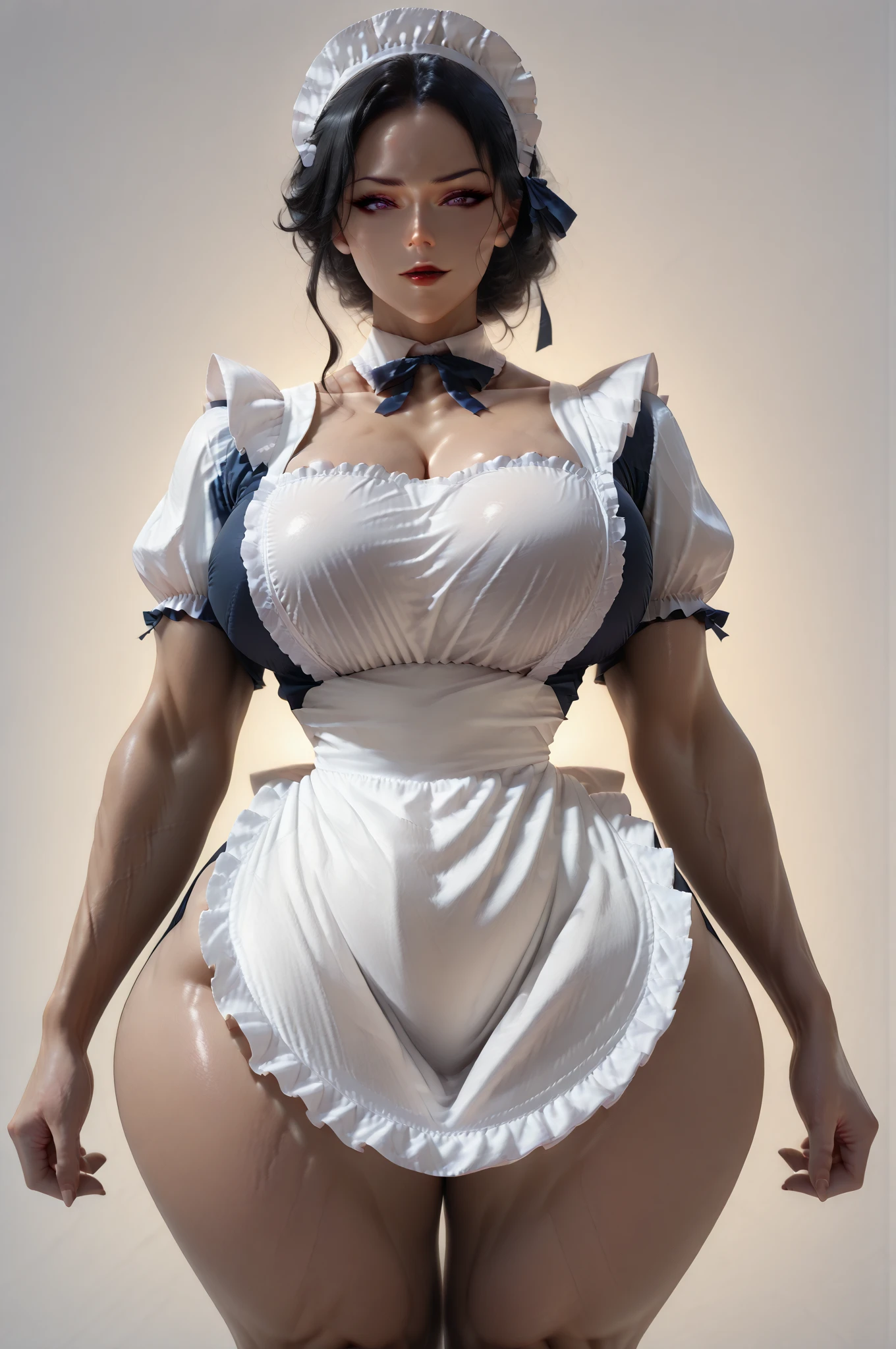 White hair , short hair, pinched eyes, (big-:1.5) , Thin legs, leather collar, backless micro mini stripper style Maid outfit victorian, full body, very wide hips, enormous breast, dynamic pose, oily skin, glistening skin