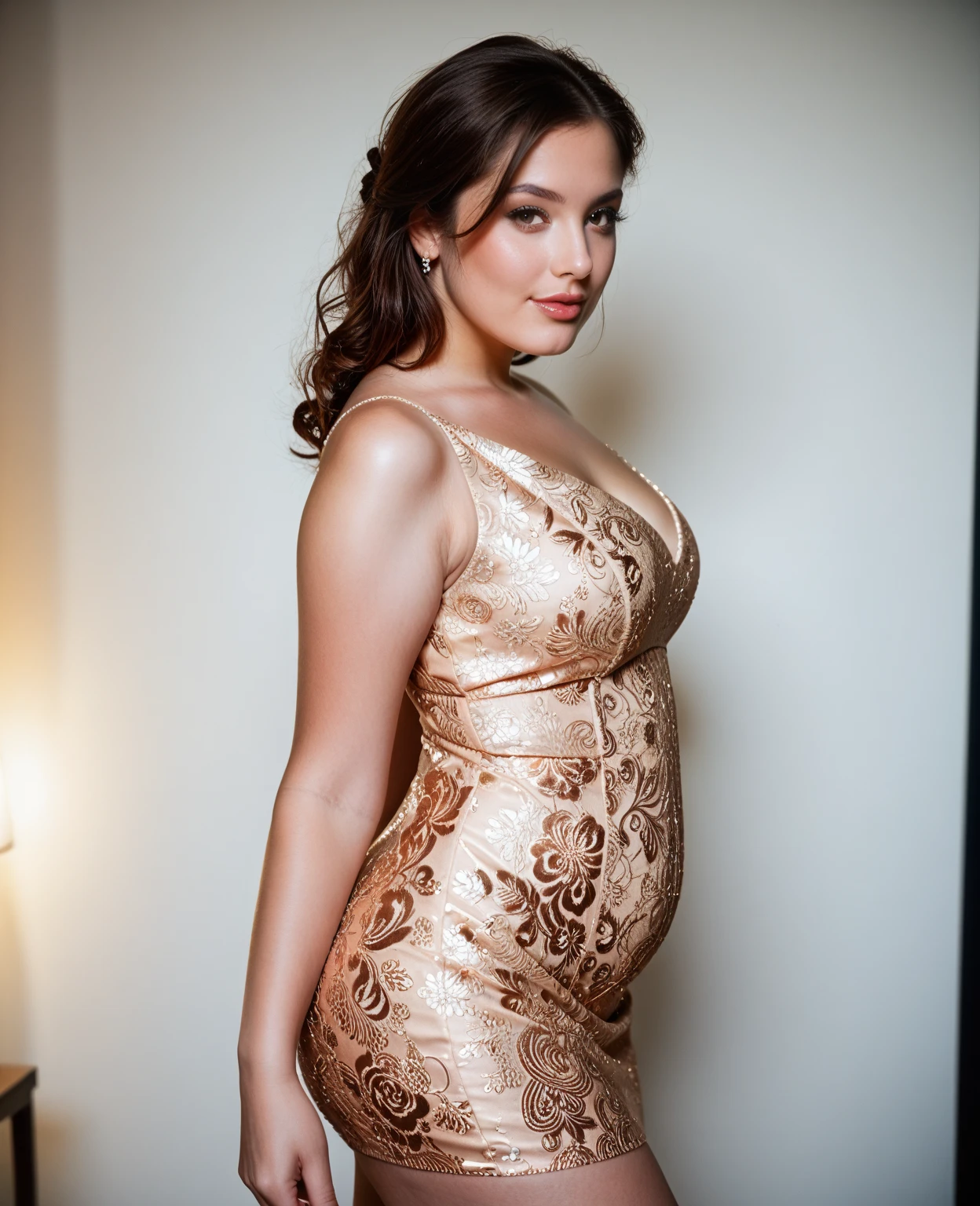 a pregnant woman in a beige dress in front of a wall of flowers, violet myers, next to a plant, beige tight dress, curvy accentuated booty, looking at side, carla ortiz, shot From the side, jaw dropping beauty, skintight dress, From the side, back photo, tight costume, in garden