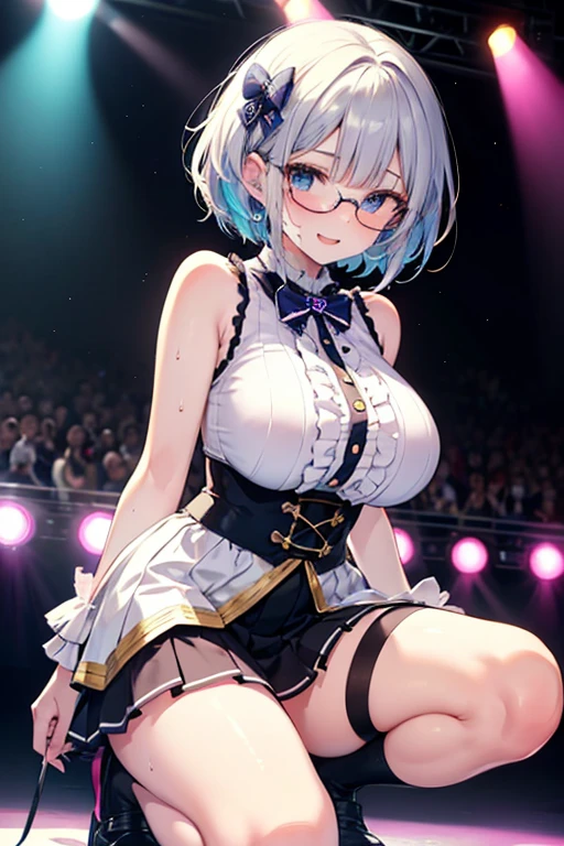 from front, 16yo girl, baby face, squatting,open legs, Holding a microphone in your hand, sing, large breasts, blue and white, idol_singing_costume, idol_singing_costume, idol_singing_costume, mini skirt, white hair, short hair, flower on hair, one eye closed, smile, happy, stage, live, spotlight, indoor, cinematic lighting, pretty, masterpiece, high quality, best quality, beautiful, hd, perfect lighting, detailed face, detailed body, masterpiece, best quality, intricate details, 8k uhd, perfect face, perfect eyes