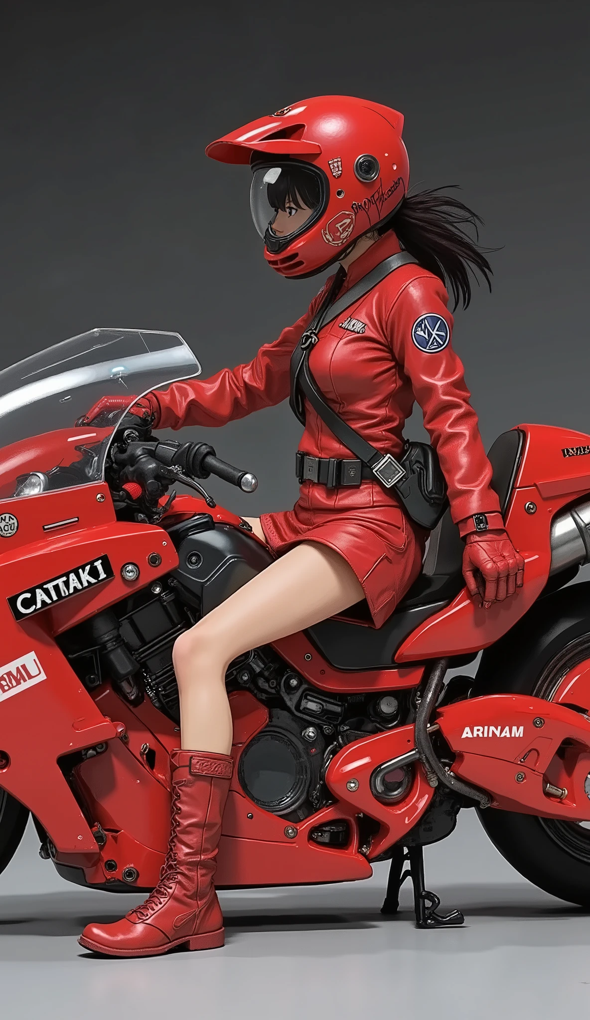 anime girl sitting on a red motorcycle wearing a red helmet, Akira motorcycle, Akira's motorcycle, Akira style, Akira style illustration, Akira anime, Akira art style, anime art vehicle concept art, Akira anime cyberpunk, :14 FLCL + Akira, Akira artstyle, Akira japanese art, Akira vibes, Akira moto, style of Akira motion movie, Akira movie style、Akiraバイク、Bulma