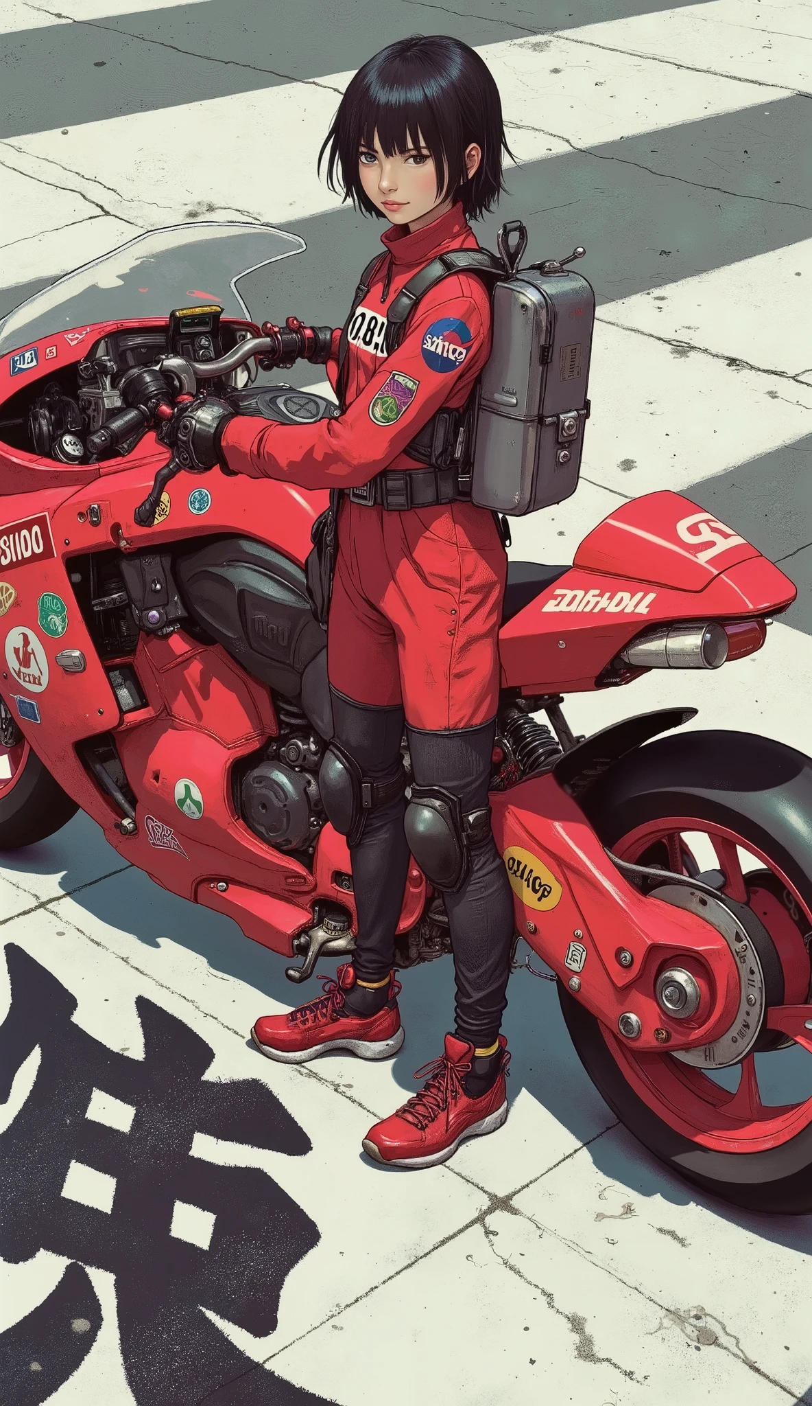 ブルマ、A young person stands confidently in front of a futuristic, sleek red motorcycle adorned with various decals, including Japanese kanji and brand stickers like Shoei, Atari, and NASA. They wear a vibrant red jumpsuit featuring numerous patches and symbols, akin to those found on racing gear, along with matching knee and elbow pads. Their outfit also boasts a pair of stylish black and red sneakers, complementing the motorcycle's design. A large, sturdy grey case hangs from straps over their shoulders, suggesting they might be a courier or technician in a cyberpunk setting. The background features white pavement markings resembling a crosswalk, creating a contrasting base that highlights the boldness of the character and vehicle. In the foreground, large, black Japanese kanji characters are visible, enhancing the atmosphere of futuristic urban Japan.アキラバイク、ブルマ