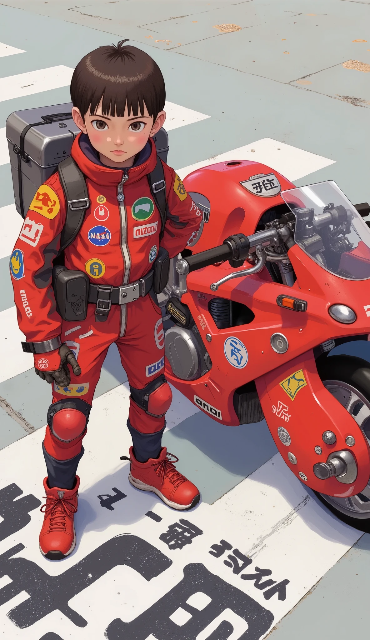 ブルマ、A young person stands confidently in front of a futuristic, sleek red motorcycle adorned with various decals, including Japanese kanji and brand stickers like Shoei, Atari, and NASA. They wear a vibrant red jumpsuit featuring numerous patches and symbols, akin to those found on racing gear, along with matching knee and elbow pads. Their outfit also boasts a pair of stylish black and red sneakers, complementing the motorcycle's design. A large, sturdy grey case hangs from straps over their shoulders, suggesting they might be a courier or technician in a cyberpunk setting. The background features white pavement markings resembling a crosswalk, creating a contrasting base that highlights the boldness of the character and vehicle. In the foreground, large, black Japanese kanji characters are visible, enhancing the atmosphere of futuristic urban Japan.アキラバイク、ブルマ