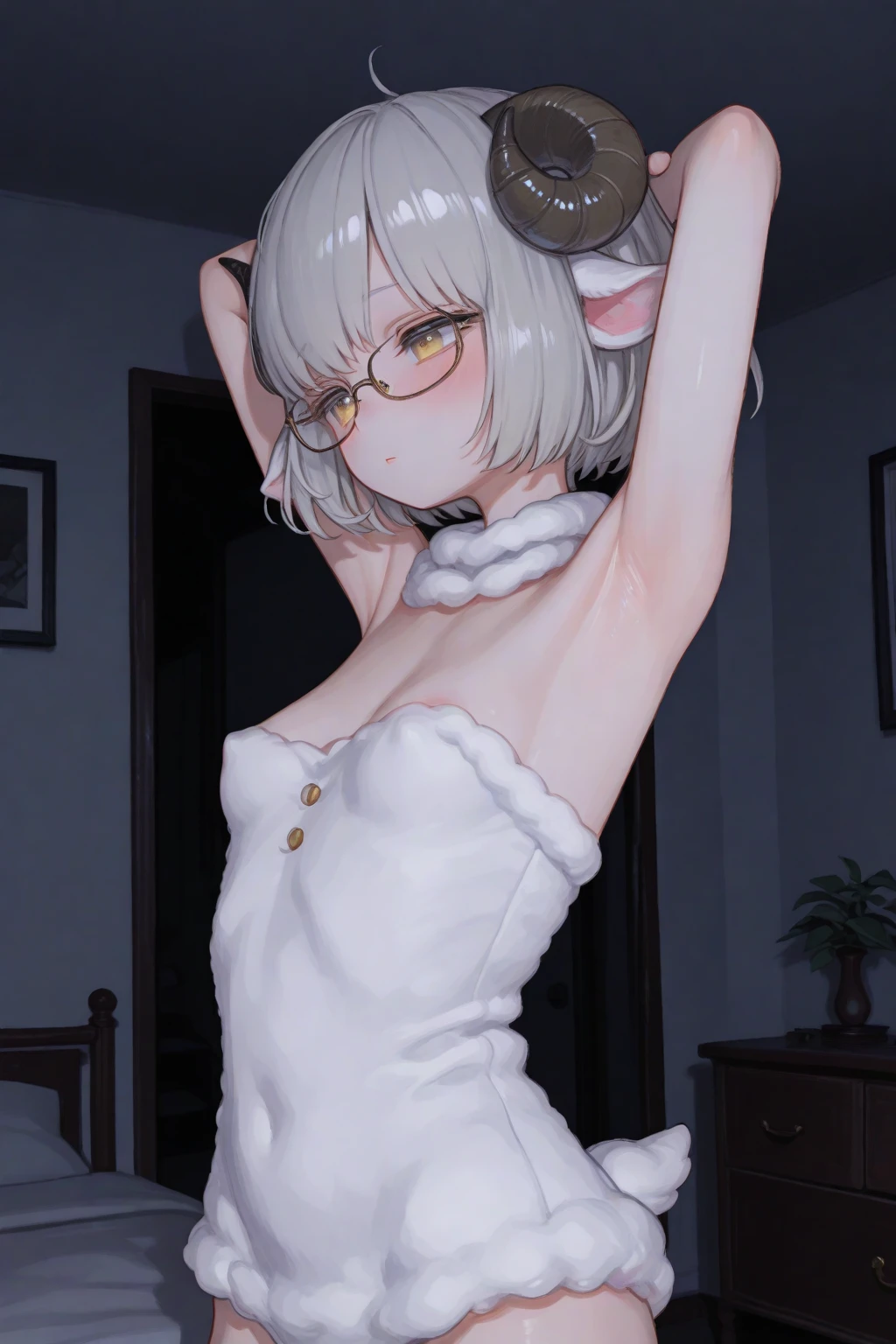 furry male cub boy, bronze statue, short-height squishy body, sacred innocent boy, albino white leopard boy, praying for the audience, tail, priest, round glasses, no clothes
