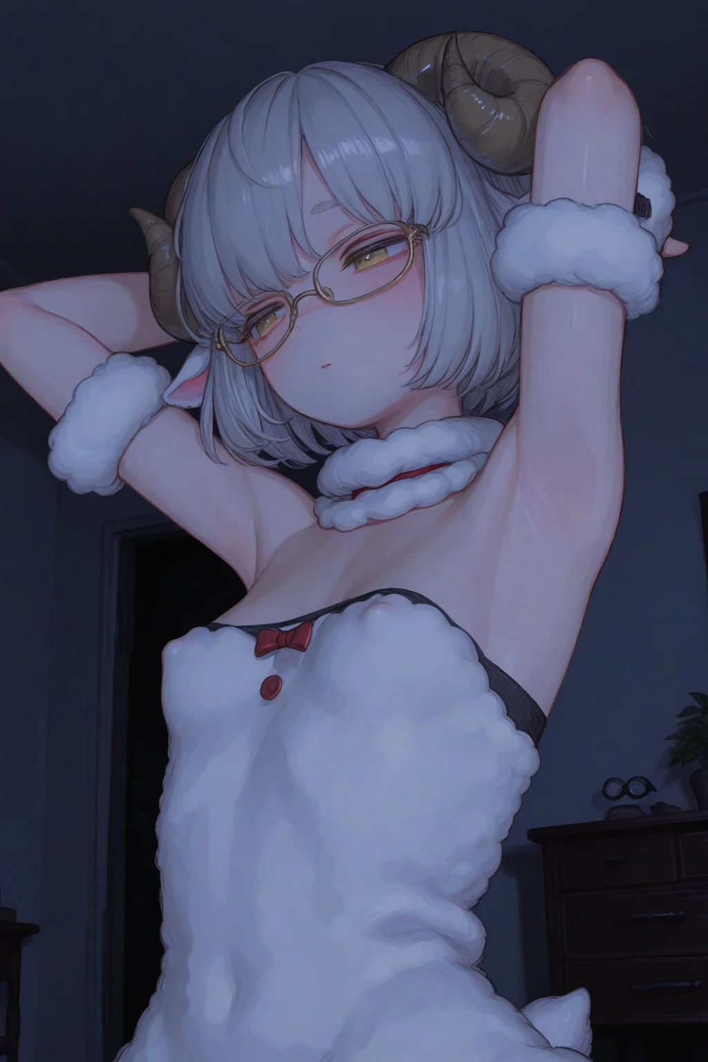 best quality,best resolution,white rabbit girl,small breasts,red eyes,glowing eyes,white long hair,wavy hair,messy hair,white rabbit ears,white rabbit tail,white body fur,glasses,ribbon bowtie,ribbon hairpin,ribbon bracelet,naked,nude,night,luxury bedroom,light and shadow,red curtains,upper body only,sex suggestivr face,full face blush,smile,open mouth,heart eyes,armpits fur,spread legs,show pussy to viewer,soak pussy,plenty pussy juice,low angle