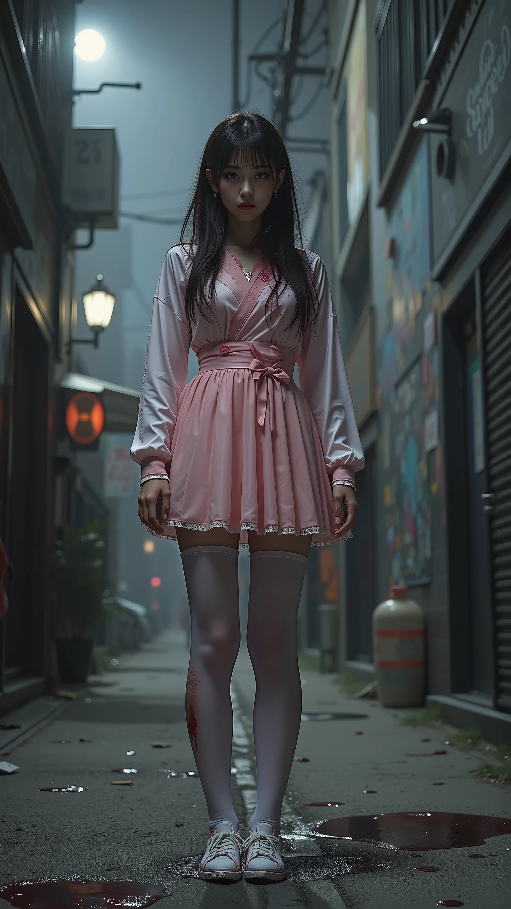 A Japanese idol girl in a pink idol costume standing in a dark alley at night, blood on her hands, looking emotionless, faint traces of blood on the ground, photorealistic cinematic lighting, realistic shadows, eerie thriller atmosphere, 4k realism