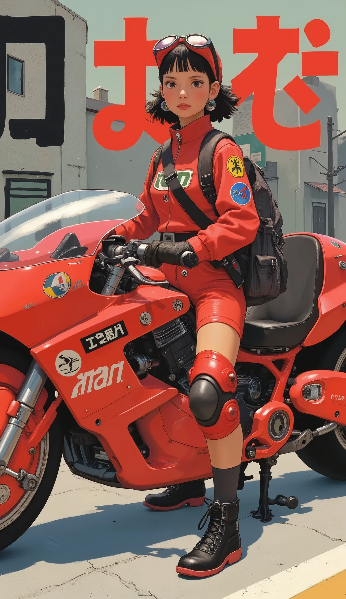 Bulma、confident young people complementing futuristic, Mr.々glossy red motorcycles with, decals, atari, And something similar to NASA. wearing bright red jumpsuits and、with lots of patches and symbols, racing gear, with knee and elbow pads. Japanese kanji and shoe brands Includes stickers of, motorcycle designs. A big, they may be a delivery person or technician in a cyberpunk setting, white road markings like a pedestrian crossing can be seen in the background. I'm also wearing stylish black and red sneakers, and a heavy gray case hanging from a shoulder strap {x} creates a contrasting background that highlights the boldness of the character and vehicle. In the foreground, big, black Japanese letters visible, futuristic cities enhancing the atmosphere of Japan.Akira Bike、Bulma