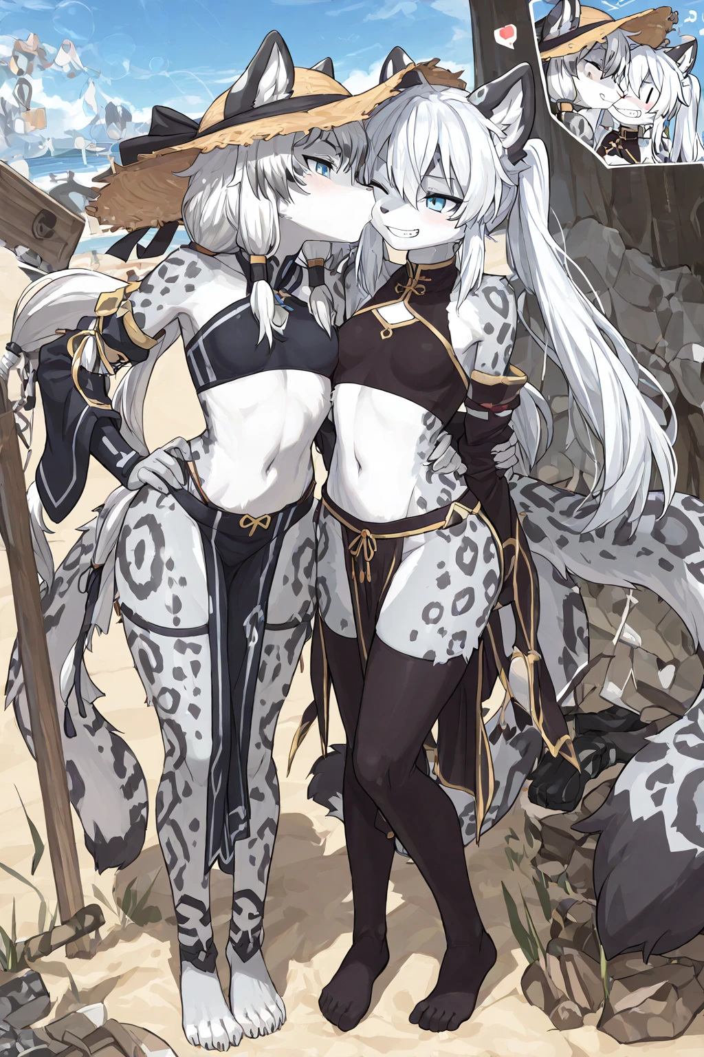 Short white hair with a braided ponytail. White wolf ears and orange eyes. Sexy, fantasy knight armor with legplates, fur on shoulders. Her body is muscular and she has strong, muscular arms and thick thighs. Wide hips. Eye colour is orange, orange iris, magic blue fire on shoulders, revealing clothing, visible abs, confident, fists, shoulder armor, moonlight