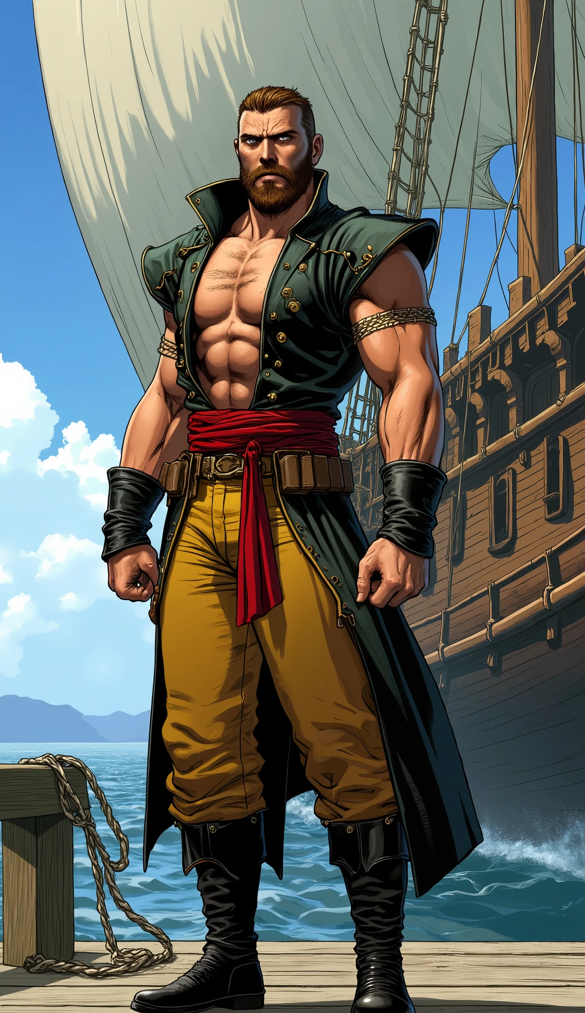 A middle-aged man with short brown hair, wearing a headscarf, has a Northern European face, a cold and stern gaze, a neatly trimmed beard, he wears a peculiar fantasy-style outfit, a uniquely tailored tight vest, that exposes much of his upper body, revealing well-defined muscles, a red cloth belt around his waist and wears, wears yellow cloth trousers, knee-high boots, he stands on the dock, with a large wooden sailboat in the background, this character embodies a finely crafted fantasy-style pirate in anime style, characterized by an exquisite and mature manga illustration art style, high definition, best quality, highres, ultra-detailed, ultra-fine painting, extremely delicate, professional, anatomically correct, symmetrical face, extremely detailed eyes and face, high quality eyes, creativity, RAW photo, UHD, 8k, Natural light, cinematic lighting, masterpiece:1.5