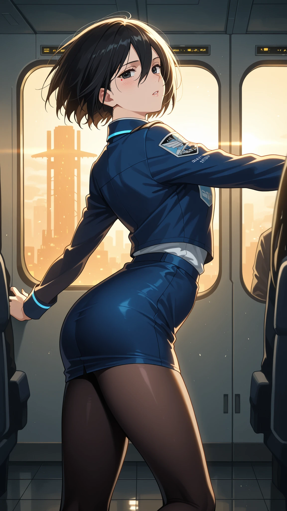 BREAK (masterpiece:1.2), best quality, high resolution, unity 8k wallpaper, (illustration:0.8), (beautiful detailed eyes:1.6),Modern airport interior, vast terminal with high glass ceilings, golden hour sunlight streaming through windows, reflective marble floors, sleek metallic surfaces, dynamic shadows and light play, bustling passengers with motion blur, flight information boards glowing softly, glass walls showing distant planes, warm ambient lighting mixed with cool neon accents, cinematic depth, hyper-detailed reflections, futuristic yet realistic, Cyberpunk 2077 meets Blade Runner atmosphere, mikasa ackerman, black hair, black eyes, short hair, hair between eyes,blue stewardess uniform,pantyhose,raised hips,blush, seductive expression,floating hair,floating skirt,arched back,looking at viewer,front photo.