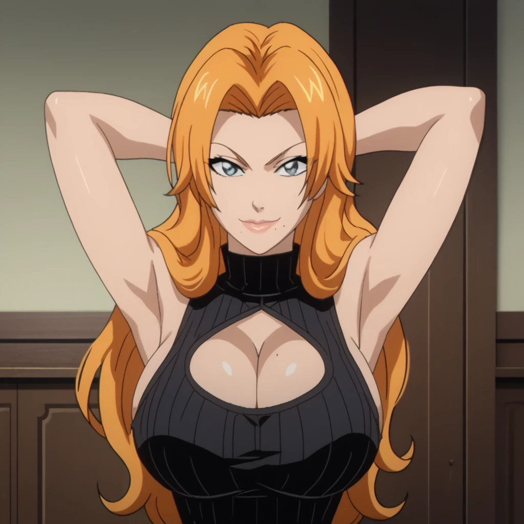 (ANIME ART STYLE) nami (ONE PIECE), with orange long hair, brown eyes, wearing black lingerie, blush face, sitting, down blouse, NSFW.