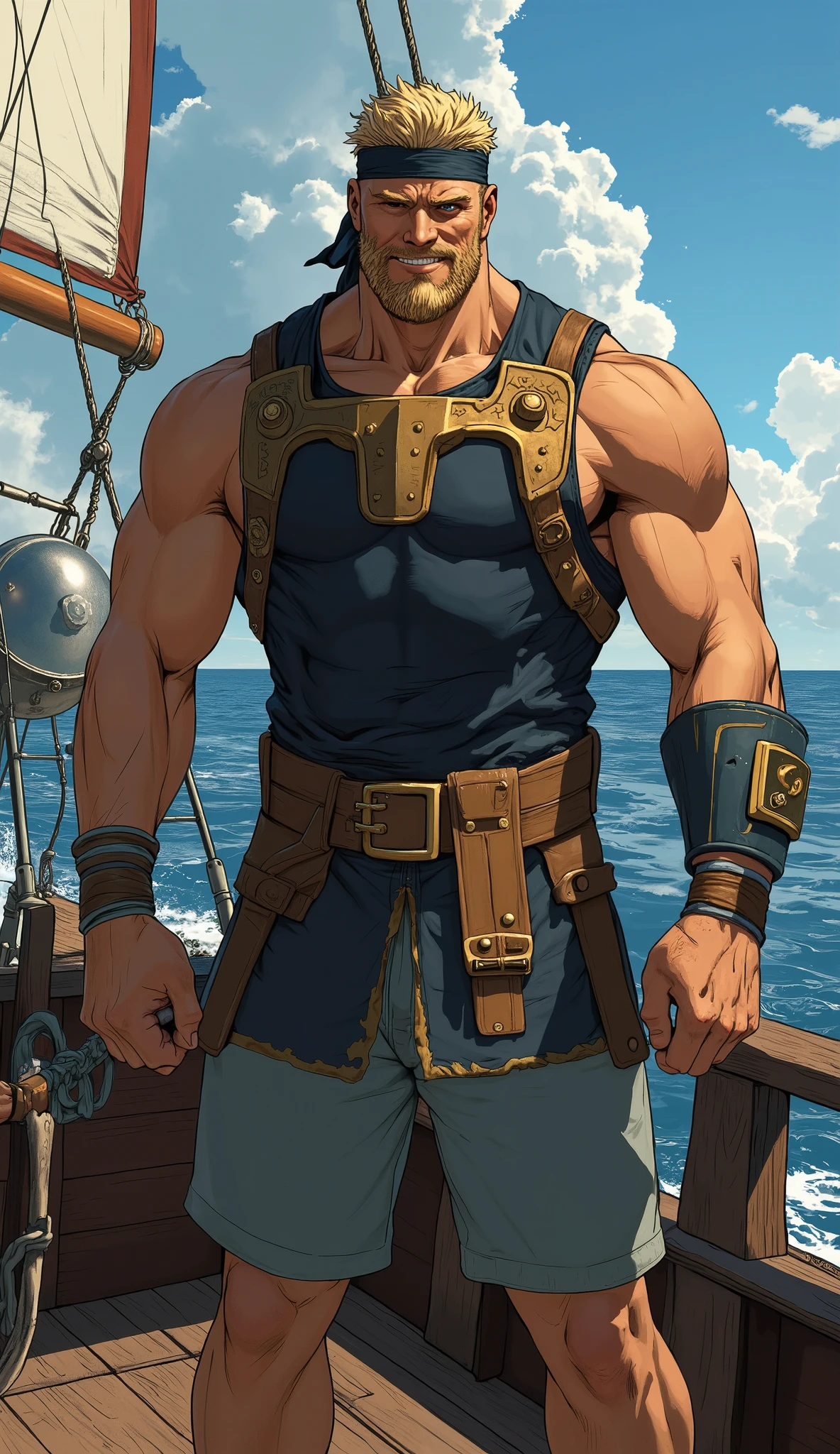 A middle-aged man with short dark golden hair, hair swept backward g, a thick headband around his forehead, deep facial features, resolute gaze, bright smile, a full beard, a tight-fitting fisherman vest, a blue-gold thick breastplate, a black tight-fitting undershirt, solid bronze muscles, a wristband on his wrist, shorts, stands on a large ship sailing on the sea, this character embodies a finely crafted fantasy-style fisherman in anime style, characterized by an exquisite and mature manga illustration art style, high definition, best quality, highres, ultra-detailed, ultra-fine painting, extremely delicate, professional, anatomically correct, symmetrical face, extremely detailed eyes and face, high quality eyes, creativity, RAW photo, UHD, 8k, Natural light, cinematic lighting, masterpiece:1.5