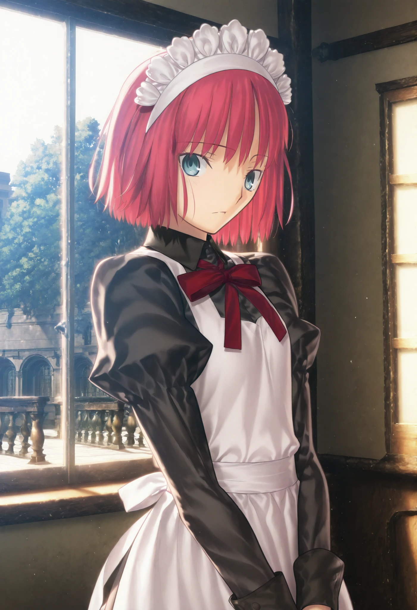 masterpiece, , absurdres, highres, detailed background, high resolution, masterpiece, necessary, detail, best quality, quality, necessary, details, High details, Precise, dark, indoors, school, day, from side:0.7, upper body,
1girl, , Takeuchi Takashi (type-moon,tsukihime) style, takeuchi takashi style, solo,
girl, (hisui (tsukihime), ((very light blue eyes)), red hair, short hair, bob cut, flipped hair, maid headdress, neck ribbon, red ribbon, juliet sleeves, maid, maid apron, collared dress), (tsurime), (), expressionless, ,
(black dress shirt, white apron), , dark red ribbon, small breast, flat chest, , looking at viewer, ,