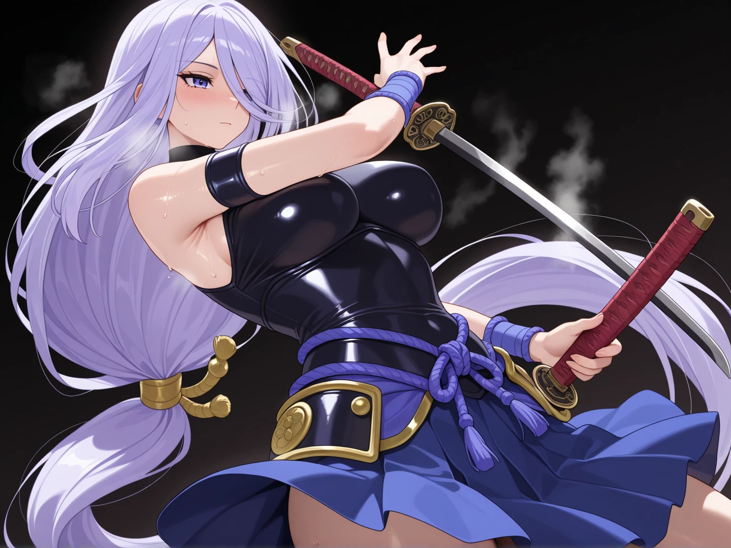 Upper body, 1 girl, gray hair, ponytail, purple eyes, (ninja), Short sword, Medium breath ,scarf, wallpaper, magic circle background, particles of light, blue fire,、camel toe、huge tit、nipple puff、cleavage、、Plump、Super big breasts、super big butt、Pulling out the sword from the pussy、earrings、earrings、necklace、thick lips、heterochromia、bangles、Caster wheel、first round、hair charm、lip gloss