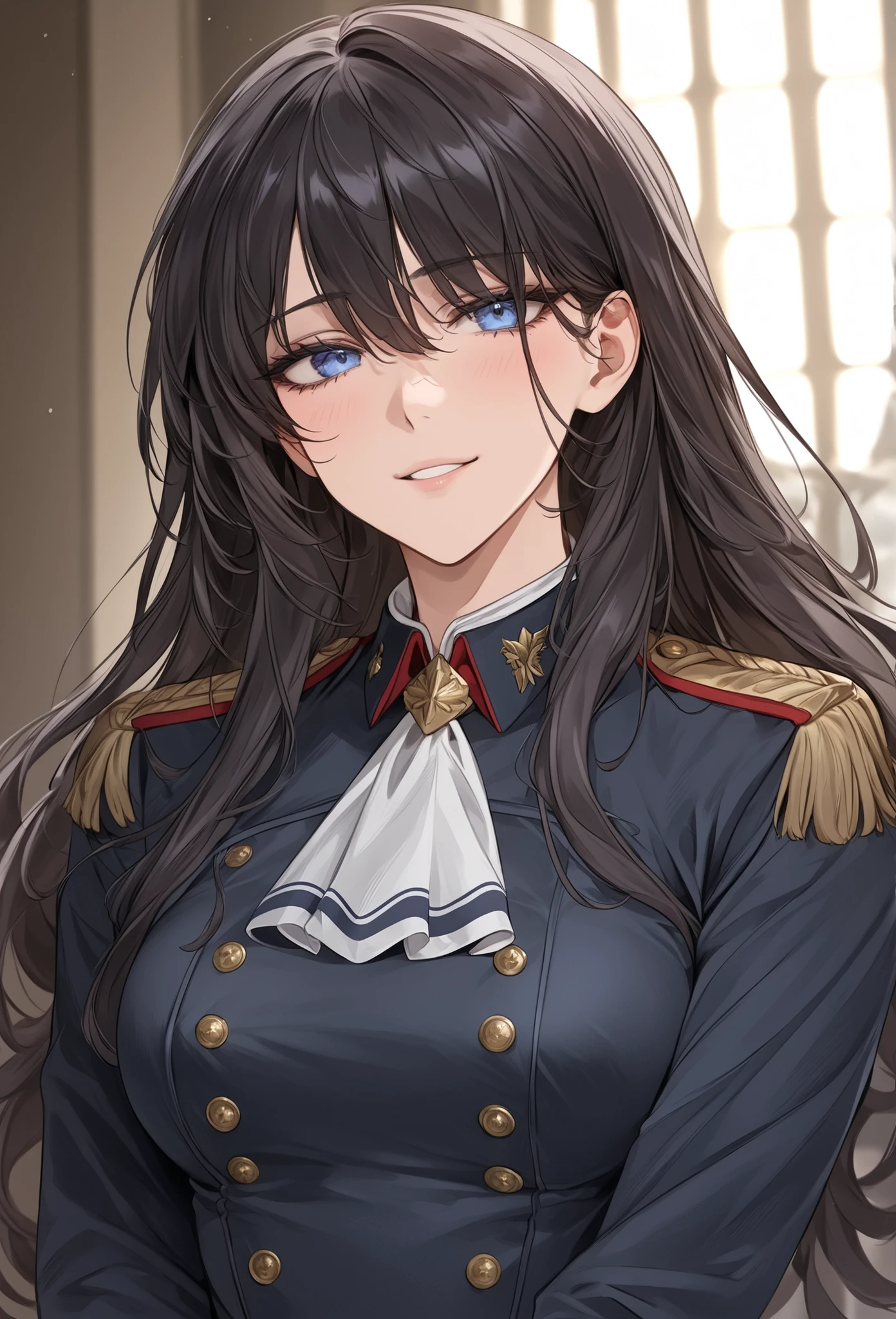 score_9, score_8_up, (masterpiece, top quality, best quality, official art, beautiful and aesthetic:1.2), (8k, best quality, masterpiece:1.2), (((masterpiece))), (((best quality))), (((extremely detailed))), illustration, (masterpiece, top quality, best quality, official art, beautiful and aesthetic:1.2), (8k, best quality, masterpiece:1.2), see-through, source_anime, 1girl, adult, ((dark hair)), dark hair, ((intimidant look)), ((close-up)), blue eyes, uniform, sexy, dark colors, brillant eyes, ((wavy hair)), perfect hands, ((intimidant look)), good anatomy, ((militar uniform)), emotionless, intimidant, ((beautiful eyes)), close up, ((detailed eyes)), beautiful eyes, ((detailed face)), arrogant smile, detailed face, full body, full body