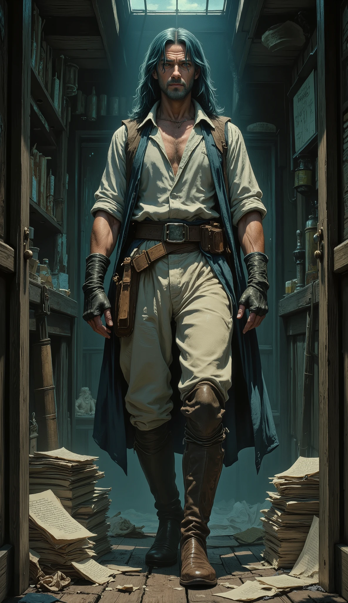 A man with thick long and lustrous blue hair, medium length hair, a melancholic gaze, a weary expression, fatigued and weary movements, a loose-fitting fantasy-style dockworker attire, gloves-style wrist guards on his hands, a belt around his waist, matching loose coarse pants, knee-high boots, he has long limbs, he stands within a wooden ship's cabin, with countless stacks of paper documents behind him, this character embodies a finely crafted fantasy-style sage in anime style, characterized by an exquisite and mature manga illustration art style, high definition, best quality, highres, ultra-detailed, ultra-fine painting, extremely delicate, professional, anatomically correct, symmetrical face, extremely detailed eyes and face, high quality eyes, creativity, RAW photo, UHD, 8k, Natural light, cinematic lighting, masterpiece:1.5
