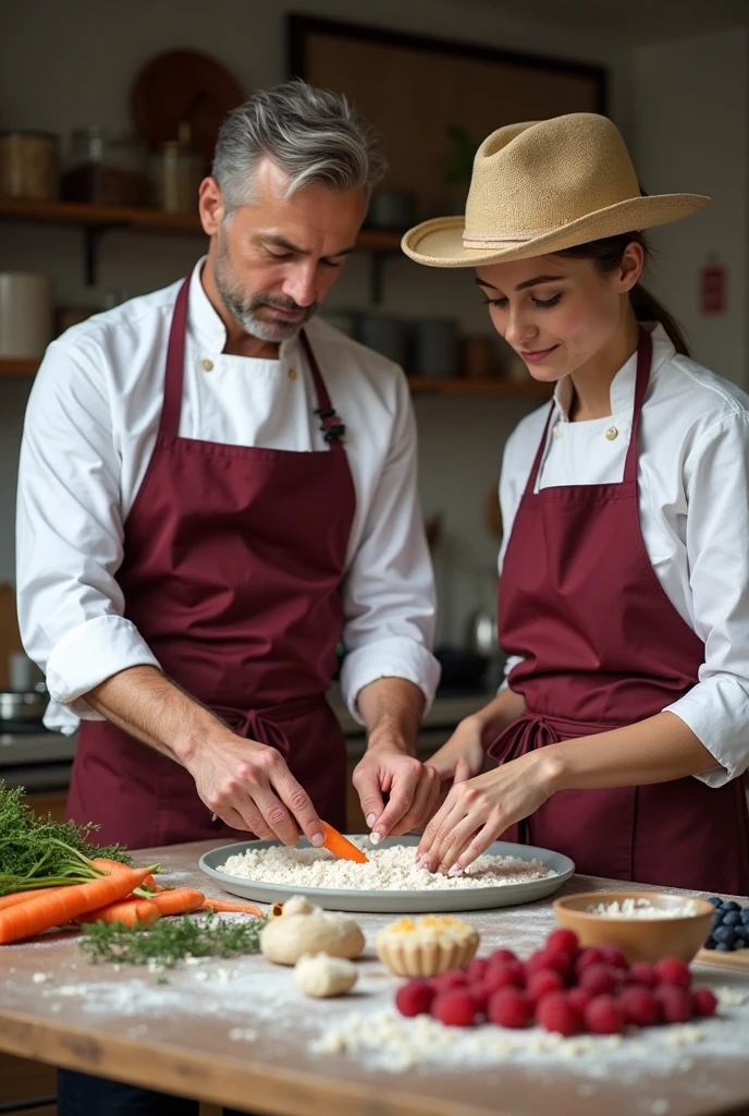 A pastry woman who is light brown who is baking something, Make him look very happy and it shows that he enjoys what he does. 