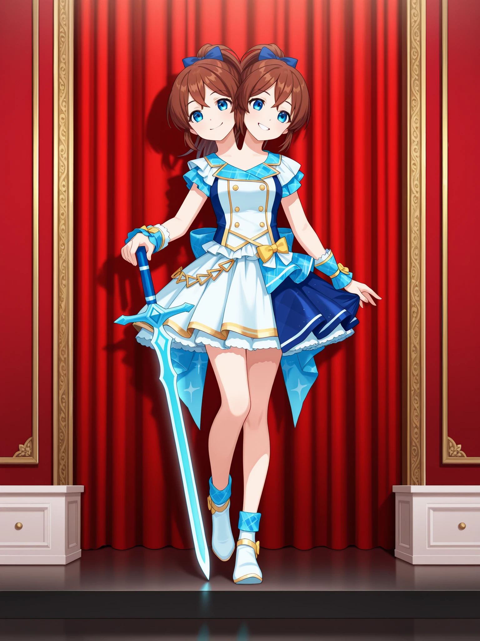 two heads, anime girl with two heads, brown hair, ponytail, blue eyes, blue idol dress, relaxed smiling, holding a sword in one hand, dressing room