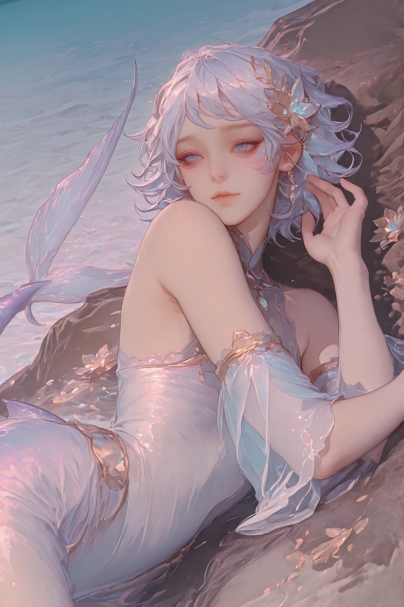 (only one femboy) An adult fish man likes femboy style, the lower half of the body is a fish tail, slim body , blue eyes, white male hair,  silk transparent lace material,gold accessories, gold jewelry in flower shape in hair, Seascape, lying on a rock, soft shoulders  , soft slender fish tail, fish fin ears, fish scales, sparkly fish tail .
