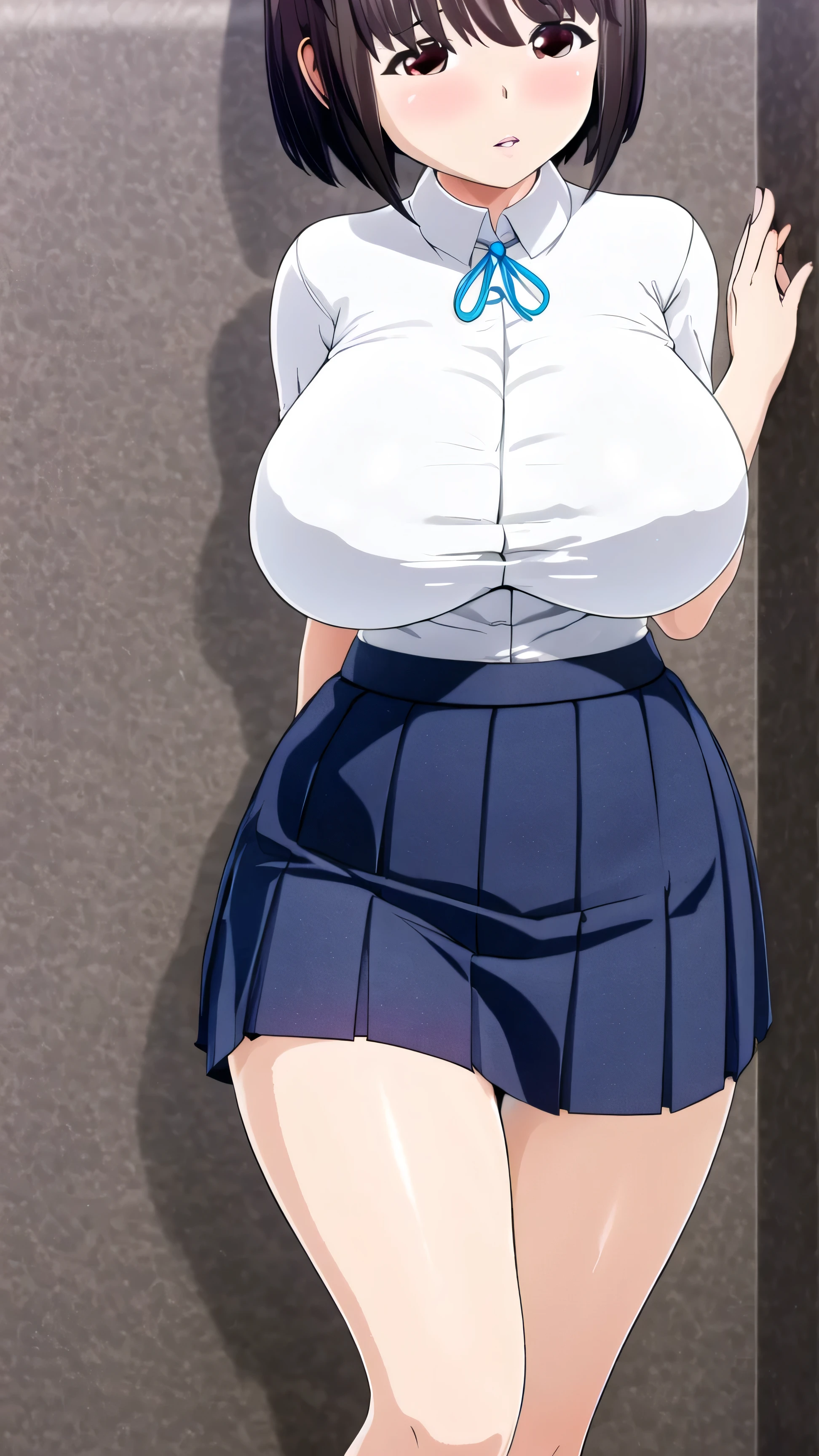 best quality, detailed face, 1girl, middle breast, smile, casual short shirt, mini skirt, good anatomy, looking at viewer, soft focus, cinematic lighting, depth of field, happy expression, sleeveless shirt, gray skirt, short blond hair, from below, (upskirt:1.2)