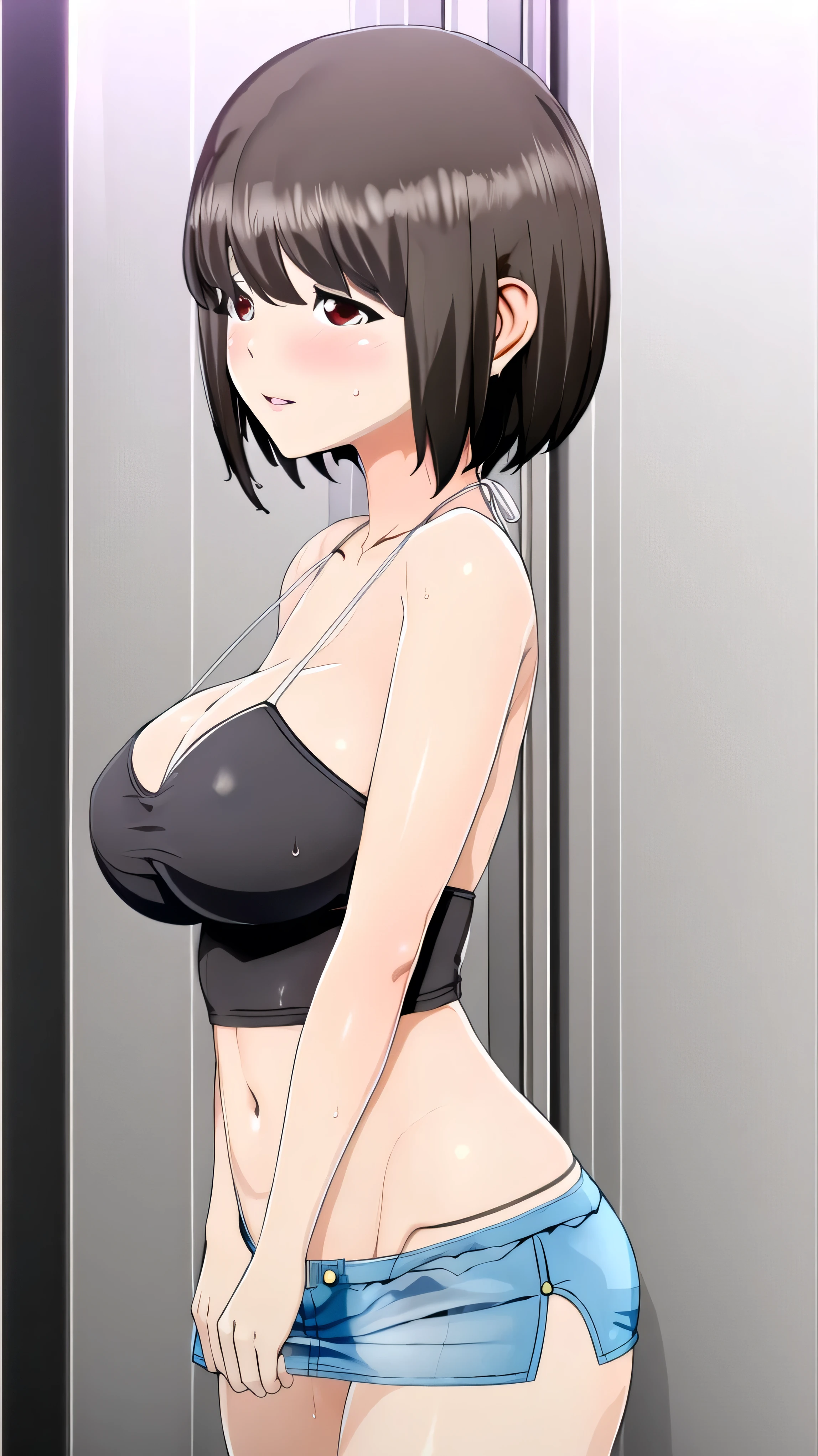 masterpiece, absurdres , (intricate details), (colorful),cinematic lighting,bust shot,extremely detailed CG unity 8k wallpaper ,hinata\(boruto\), 1girl, solo,mature female, erected tits, wet body, looking at viewer, sports bra, locker room, standing with spread legs and touching her tits, shy