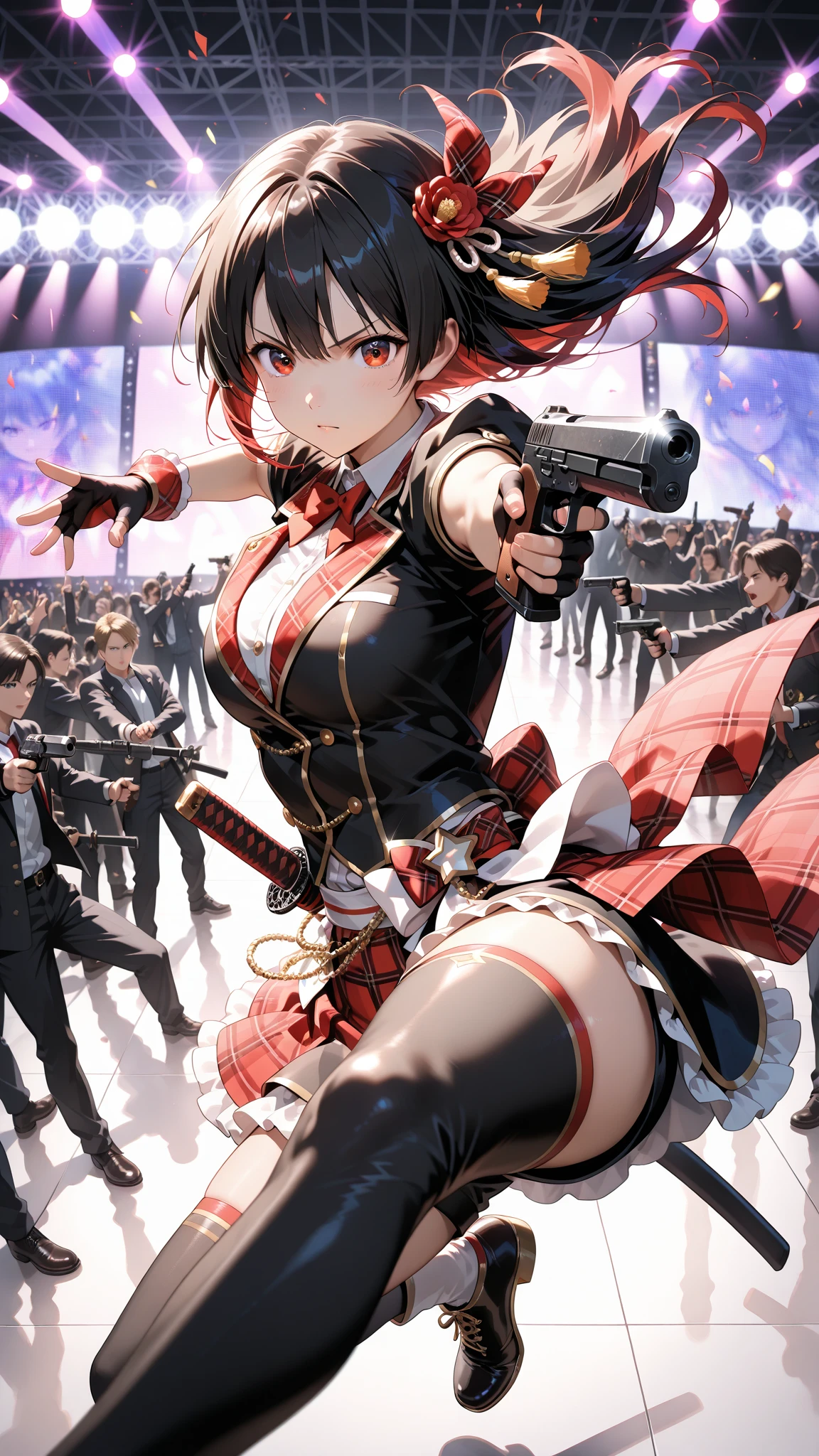 panoramic, ((Outlaw:1.4 style and gun fighting stance)) ((in a beautiful red evil femdom dress)), (hand holding gun is Colt Python, gripping Colt Python on hand), (solo straight black hair long hair cute femdom girl, 18 yo, detailed red eyes, angry smile, bigboobs) is (Shooting:1.3 a gun of Colt Python with fire), break, (in the Downtown of Fukuoka, in night, background is Dark Sky), BREAK, perfect anatomy, masterpiece, best quality, 16k.
