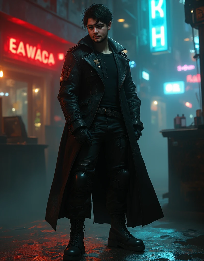 An adventurer of the virtual worlds, robust and determined, standing frontally in a walking stance, as if resolutely moving forward. A man in his late thirties, with angular features, slightly weathered by action. His hair is short, a mess of dark brown. His piercing green eyes scan the horizon with concentration.

He wears a hi-tech exploration suit with retro-futuristic influences. Tight-fitting olive-green trellis reinforced at the joints with copper alloy plates. A long stalking coat in supple dark-brown leather, lined with wires and braided lights at the back. Sturdy boots with luminous soles. Various bags and technical tools hang from a multifunction belt at his waist.

The background is a stylized, abstract digital environment that could be the interior of a computer network or three-dimensional cyberspace. A tangle of complex geometric structures in bluish and violet tones, with coded data effects in perpetual motion.

The graphic style must be realistic with a slightly stylized touch. Textures are worked in, especially on the clothes. The overall impression is one of perilous but exciting adventure in the heart of virtual worlds.