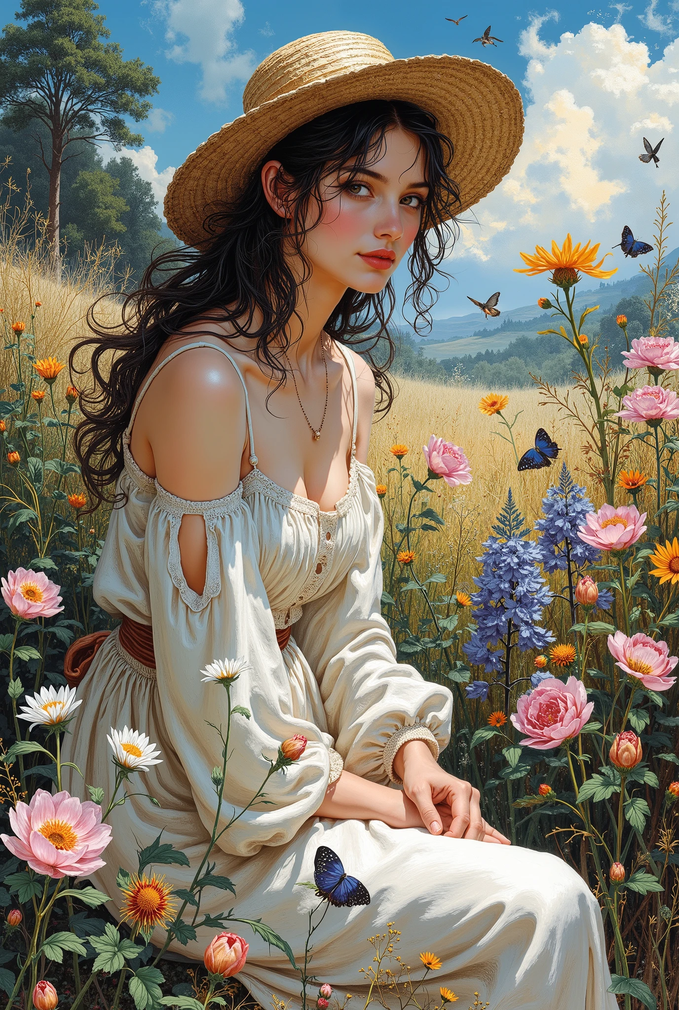 wallpaper, beautiful high-quality, high detail, clearly , best quality, 8 k, beautiful landscape with flowers and a light hat sitting by the flowers,  Beautiful woman , Seductive,  in light clothes,  great painting , with oil, Fantasy style, Fantasy,  magical , colourful, juicy ,