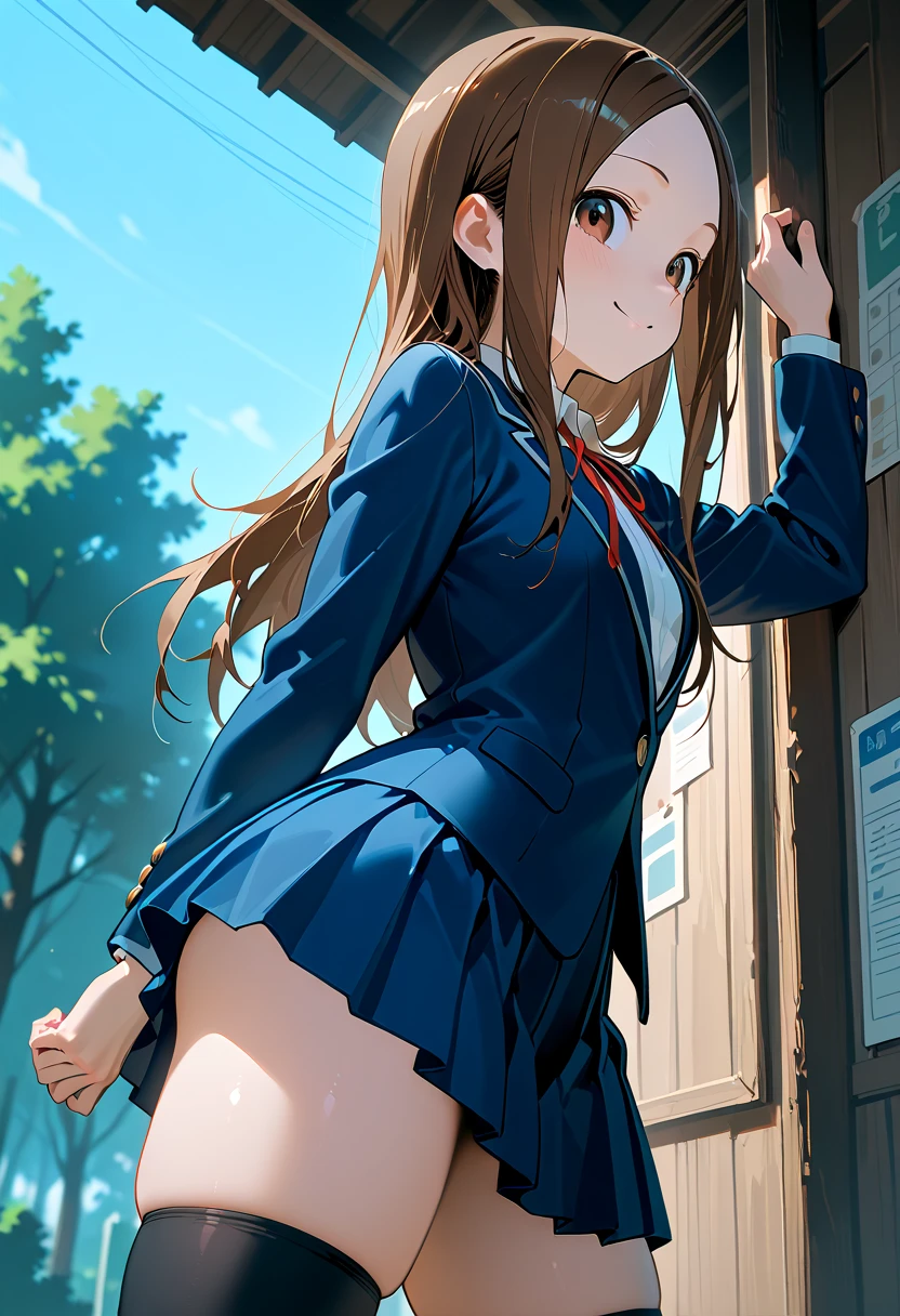 (masterpiece、highest quality、High resolution、realistic pictures、real looking skin:1.1)、 
(She is wearing a navy blue uniform blazer over a white blouse.、Wearing black loafers、bright red face:1.1)、 
1 girl、high school girl、18-year-old、alone、beautiful eyes、shining eyes、brown hair、medium long hair、Location: High School Stairs、
(Wearing a navy blue uniform miniskirt:1.5)、
(wearing loose socks:1.5)、 
(Please hold down your skirt so that your pants are not visible.:2.0)、
(I&#39;View of the back of a person climbing the stairs from diagonally below m.:1.8)、
(嫌悪感と怒りの表情でIを見つめる:1.5)、
(shiny purple satin panties:1.5)、 
NSFW