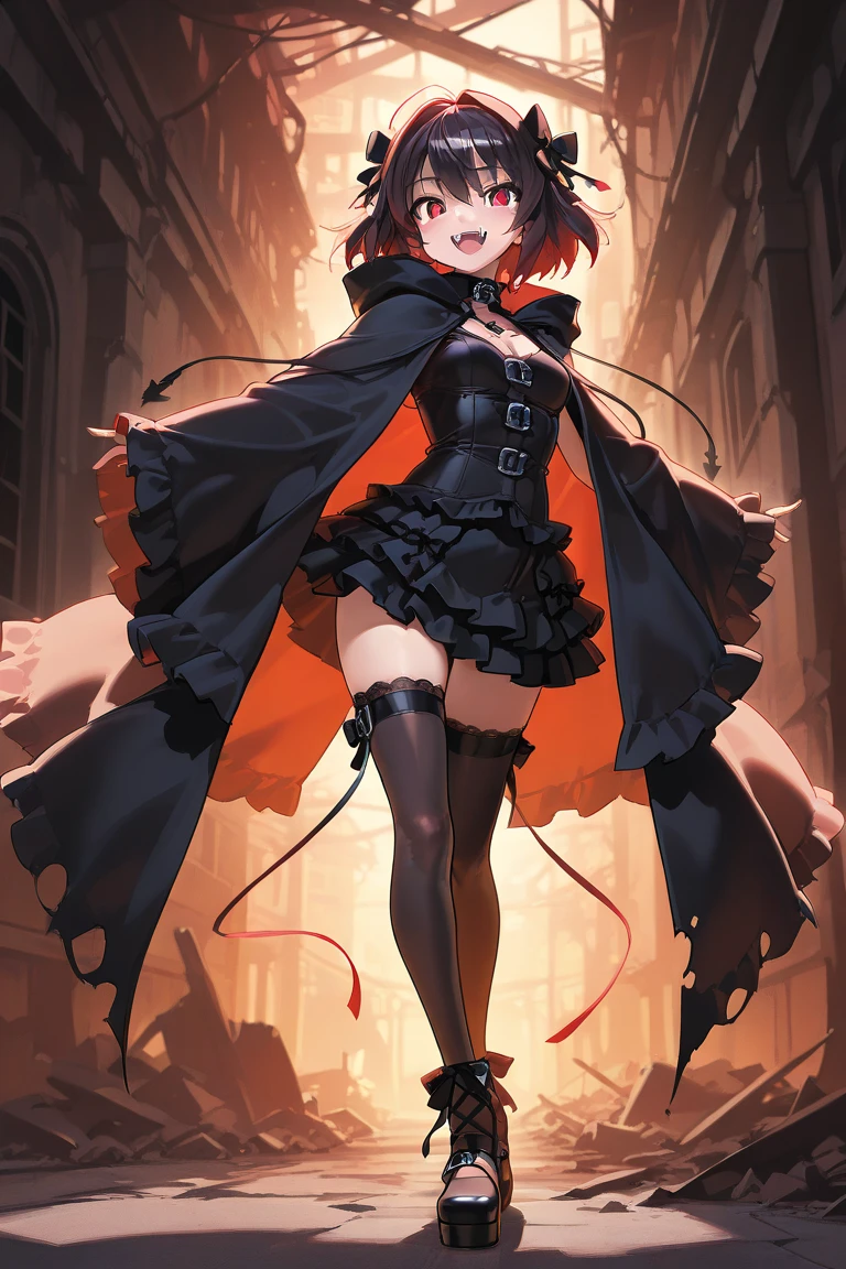 (tmasterpiece, beste-Qualit:1.2), Cowboy shot, 独奏, a 1girl, Ruby Rose, gaze at the viewer, Hands Behind Your Back, Black Dress, long sleeves, red cape, pantyhouse, wide thighs, blushful, the night, urban landscape, Street