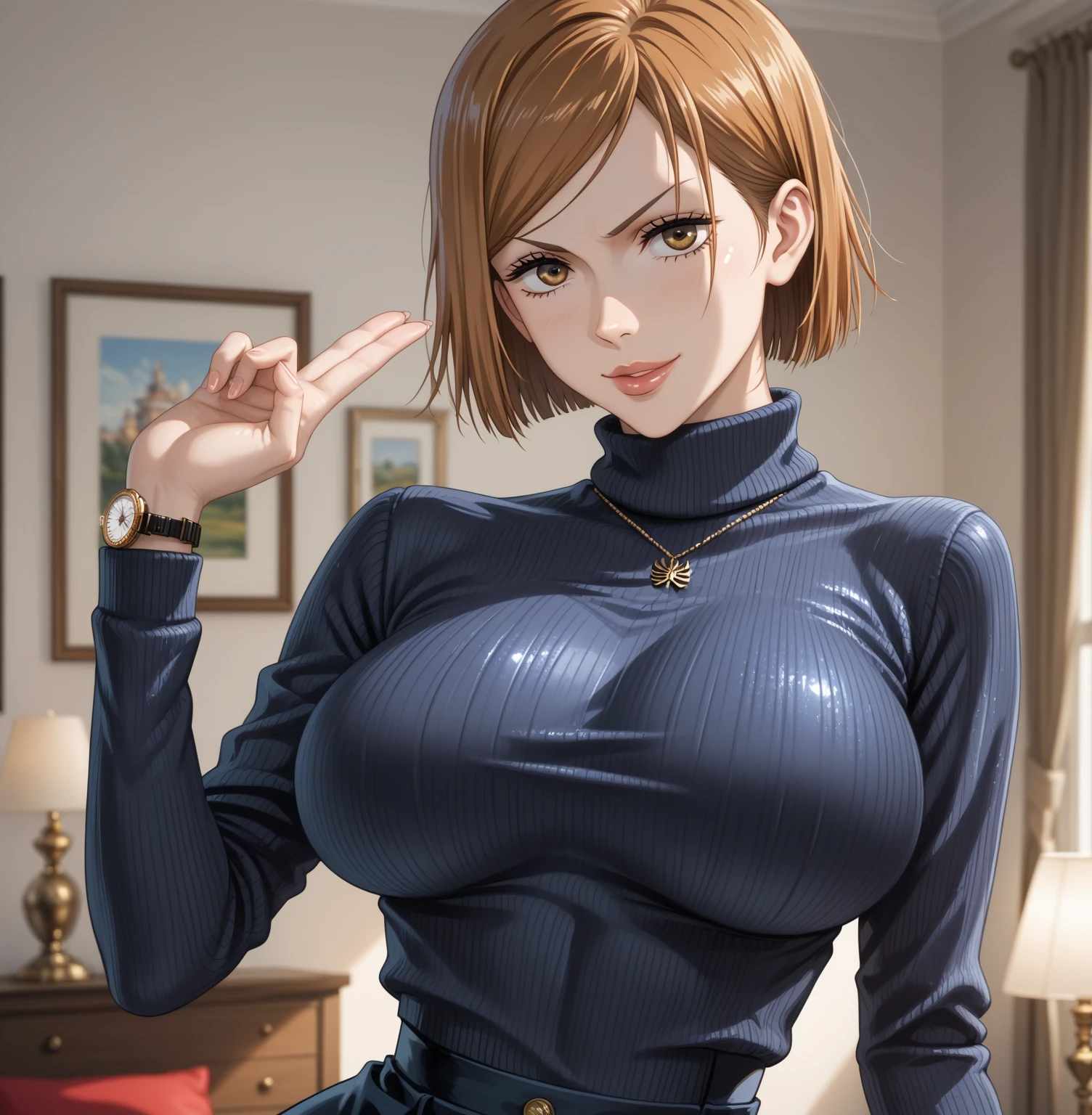 (((完美figure,figure,solo, (((Blue black jacket, blue black pleated skirt, black stockings, brown shoes, brown belt ))),(((nobarakugisakinova,Orange eyes,orange short hair))),((masterpiece)),high resolution, ((Best quality at best)),masterpiece,quality,Best quality,((( Exquisite facial features,Looking at the audience,There is light in the eyes,(((lol,confidence))),))),型figure:1.7))),(((Light and shadow,Huge breasts))),(((Looking at the camera,black background,)))