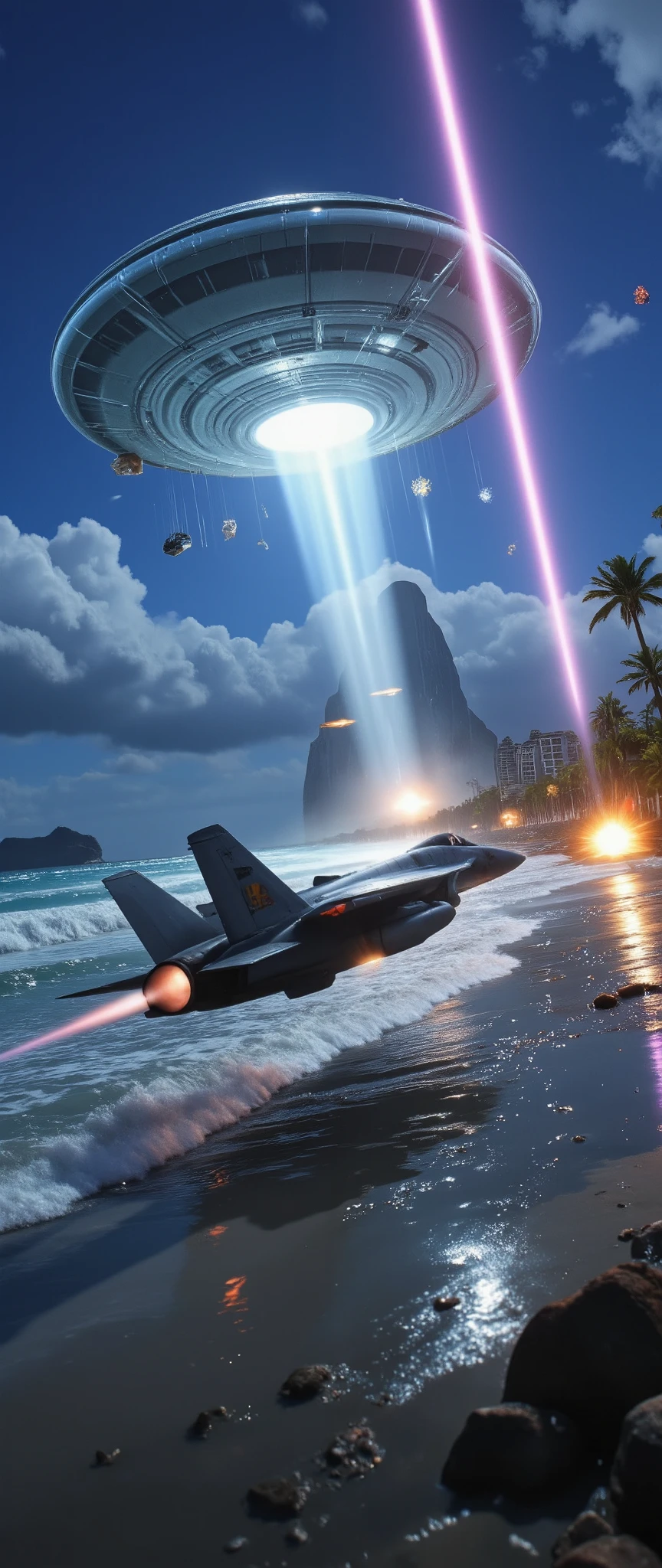 high res image、battle at Waikiki Beach in Hawaii、F-14 intercepts UFO、creative images、an F-14 Maverick is attacking from Diamond Head towards the beach、attacking US Navy destroyers、attacking with missiles and laser weapons、UFO rays on the ground、under a dramatic blue sky((masterpiece))video of the engagement where the F-14 launches a missile to launch an attack。Dawn battle scene。