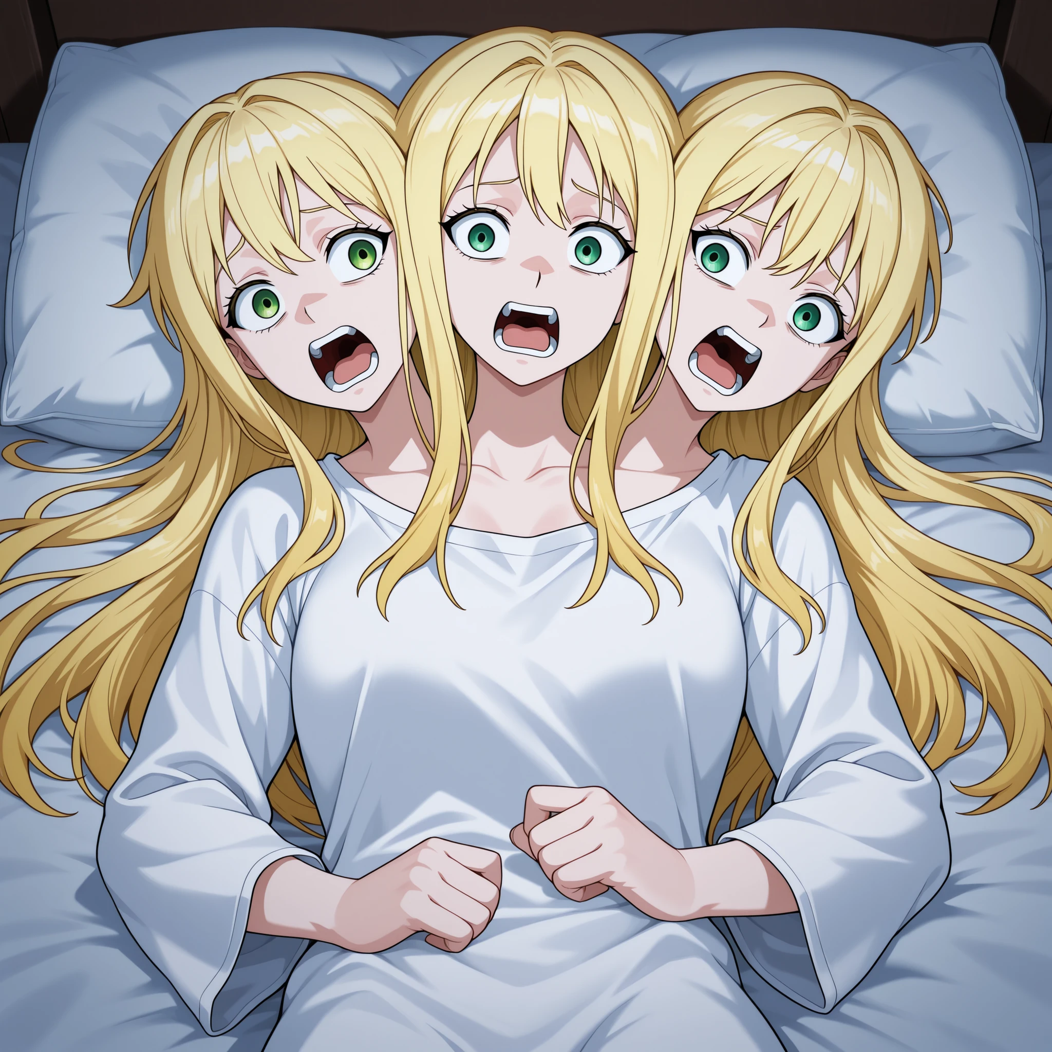 conjoined, anime girl with three heads, long blond hair, green eyes, all heads looking at each other, lying in bed, screaming in shock and horror, white oversized pajama shirt