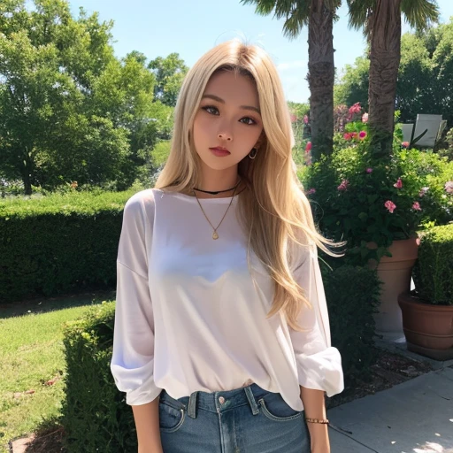 Sunburn marks on tanned skin、blush、Blonde twin tail hair,A cute 17-year-old girl with a cute look, A strong wind blows my hair in front of my face、Beautiful big sparkling eyes, Cute eyes hidden by long bangs、Yawn、No visible nasolabial folds、A short, light-colored 、A summer shirt with cute colorful patterns、Korean Beauty、Cheeks
