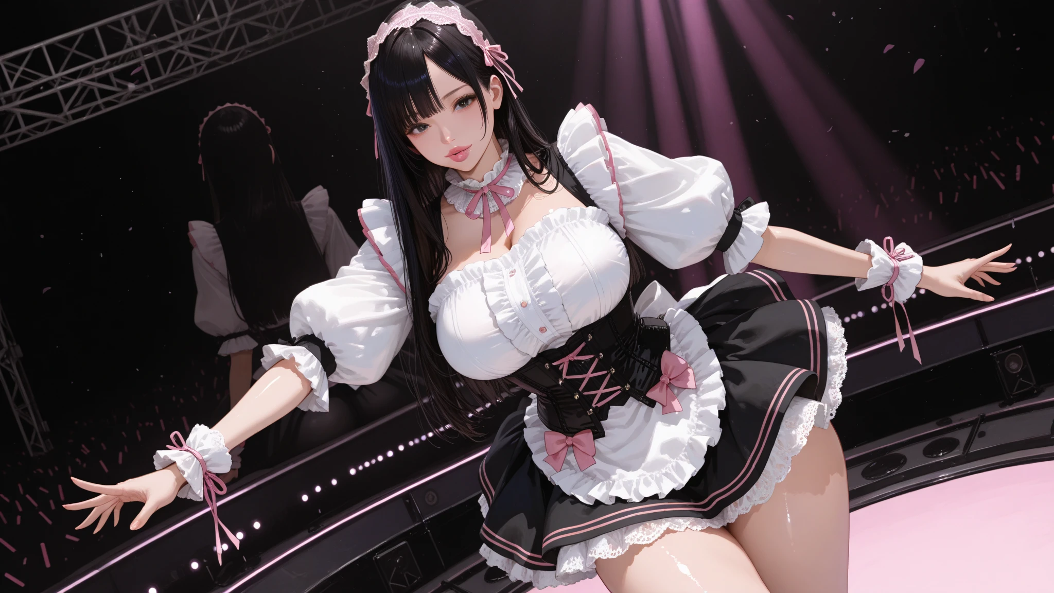 (NSFW), ((masterpiece)), ((highest quality)), (Super detailed), ((cute)), cute, (Lovely), ((sexy)), (ero), ((very detailed)), 4K, (8K), highest quality, (beautiful), anime style, hyper realistic, real, character focus, 1 girl, solo, cute girl, (idol costume:1.5), (looking from below:1.3), (hyper cute face), beautiful light brown hair, beautiful black eyes, ((beautiful eyes)), large breasts, embarrassing, blush,(concert hall:1.3), (pov, Microphone, spotlight, white panties, show off panties:1.1), shiny, shine,