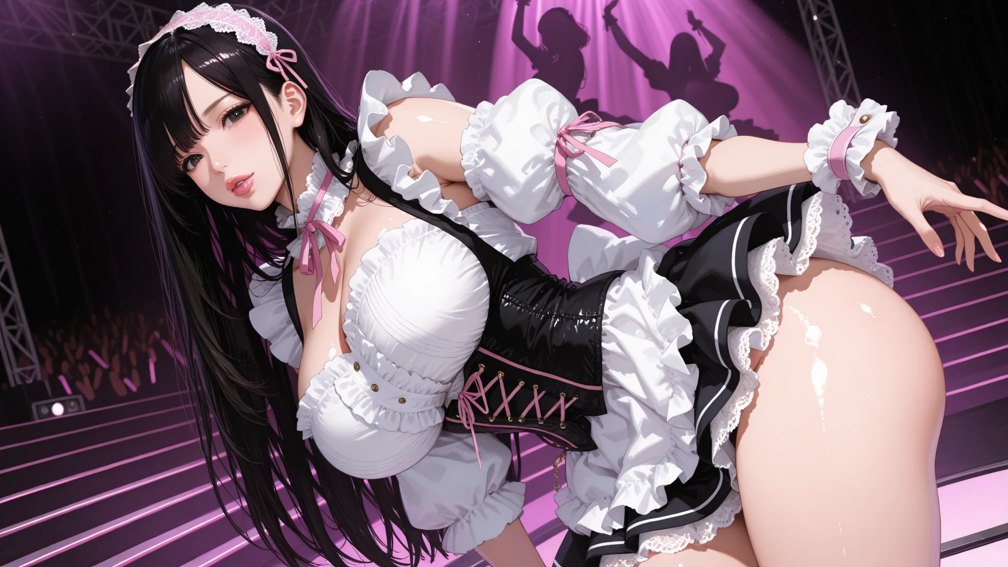masterpiece, best quality, ultra-detailed, illustration, warm lighting, bright colors, 1girl, solo, purple eyes, dark blue hair, dark skin, carmen_(counter:side), cat ears, cat girl, cat tail, very long hair, jewelry, crazy eyes, crazy_eyes, medium breast, heart-shaped eyewear, 

apron, black_bow, black_bowtie, white_dress, blinds, book, bow, bowtie, cleavage, cleavage_cutout, closed_mouth, clothing_cutout, cup, dress, frilled_dress, frills, full_body, garter_straps, hair_twirling, hand_on_own_thigh, hand_up, indoors, lamp, legs, legs_up, long_hair, looking_at_viewer, maid, maid_apron, no_shoes, panties, puffy_short_sleeves, puffy_sleeves, short_sleeves, sitting, solo, stirrup_legwear, thighhighs, thighs, underwear, white_apron, white_garter_straps, white_panties, white_thighhighs, feet out of frame,