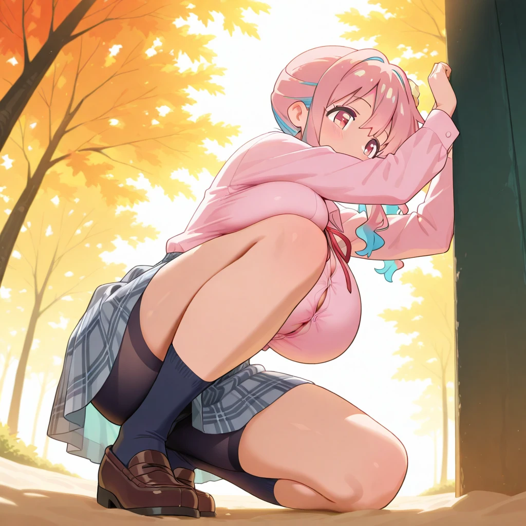((masterpiece, best quality)), high resolution,ultra detailed,8k,16k,detailed background, perfect lighting,detailed beautiful eyes,1girl,solo,nsfw,embarrassed,blush,look at viewer,(steam,sweat:1.2),aroused,(yellow peeing:1.2),puddle at steps,(from front),aroused, squatting,watery eye,close up pussy,show off pussy,open mouth,wavy mouth,confused ,(slender,kawaii),(Kagamihara Nadeshiko (Yuru Camp), blue eyes,pink hair, long hair,small breast,short_body,highlight in eyes,thin pubic hair,flat color),forest,camp