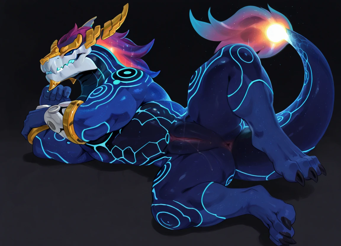 (masterpiece), score_9, score_8_up, score_7_up, score_6_up, score_5_up, score_4_up, furry, kemono, scaly, gay, explicit, nsfw, bara, bioluminescence, transparent body, Aurelion Sol (league of legends), eastern dragon, naked, galaxy skin and body, nebula skin and body, spread legs, side view, crotch angle, lifting one leg up, anal sex, (SuperQuality:1.0) ~ (SuperQuality:1.2), digital art
