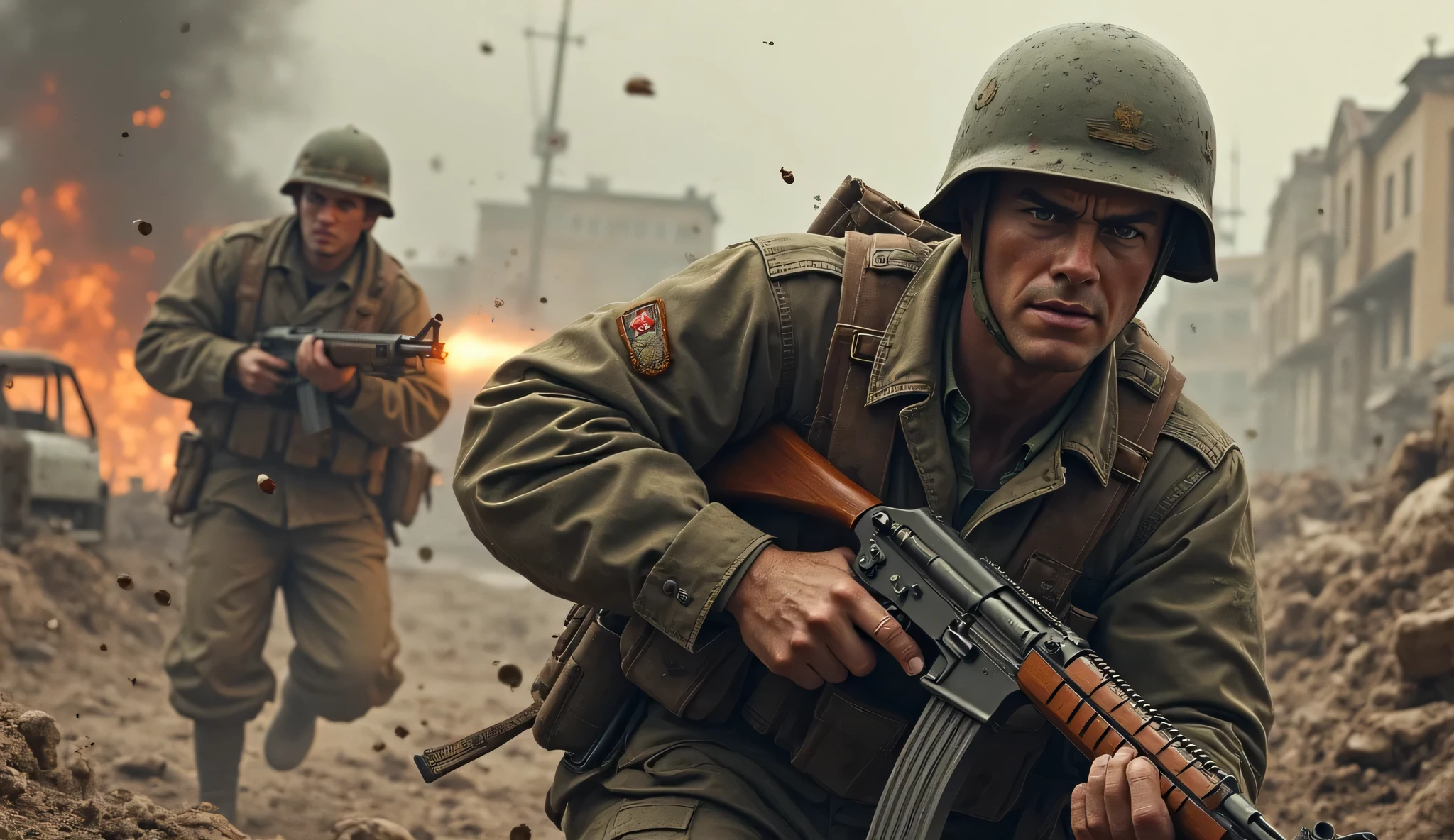 world war 2, Soviet soldier with a rifle in hand, lutando contra nazistas invasores, explosoes, ceu nublado