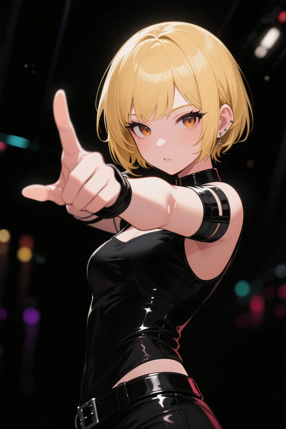 high quality, subsurface scattering, chromatic lighting,
colorized, yellow + black limited color palette,
detailed concept drawing,
in a club, dancing,
portrait, 20yo 1girl, medium soft breasts, slender, yellow hair, yellow eyes, smiling