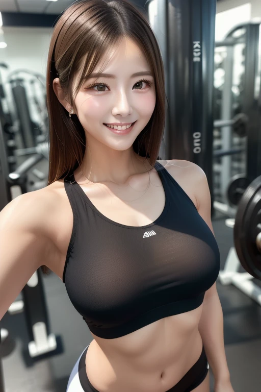 8K、Realistic、A detailed face、Detailed mouth、A detailed eye、wetted skin、is standing、raise arms、A smile、shot from front、large full breasts、sports wear、training gym