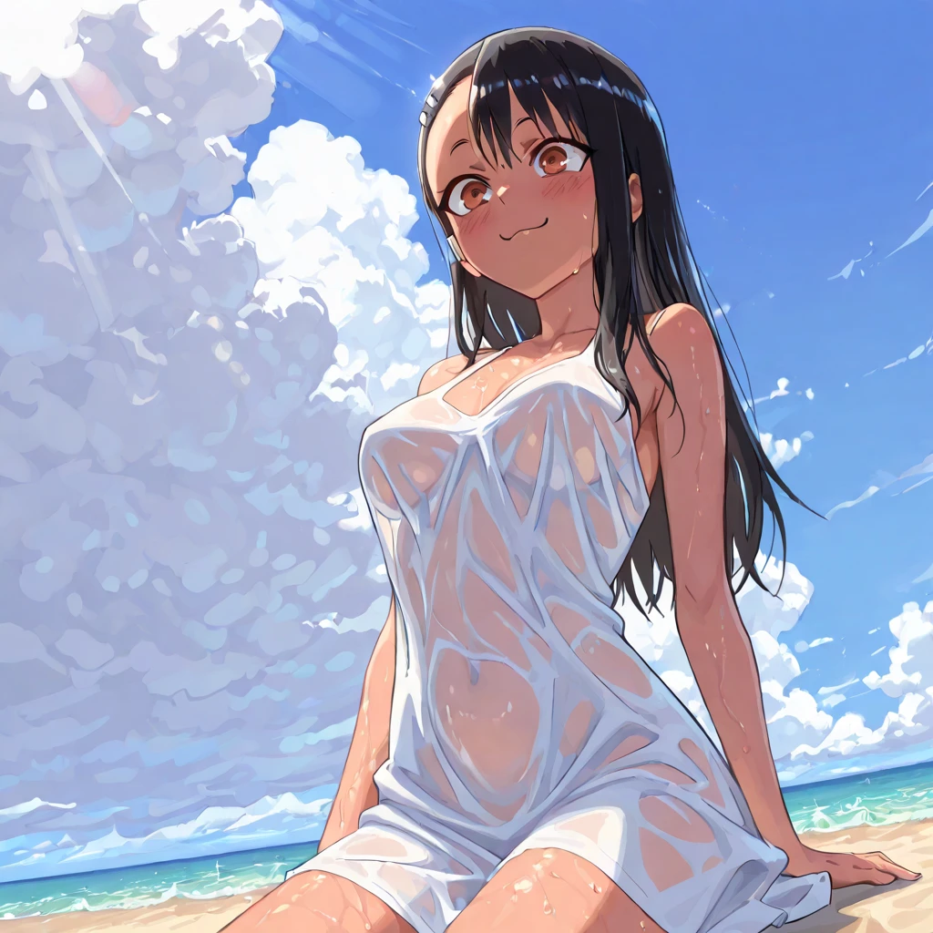 superflat, flat colors, 1girl, 19yo, slim, (small breast), long hair, topless, nipple, a toples woman kneeling on the beach next to the ocean, pixiv contest winner, sunset beach, young and slender, full color illustration, watercolor