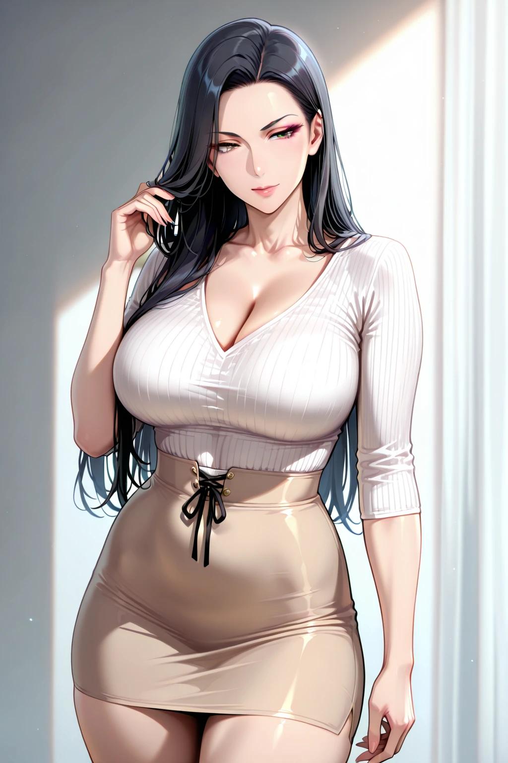 One woman ,long wavy hair ,red lipstick,sharp jawline,face makeup,mole under right eye, hoops earrings, perfect mature body,cleavage, turtle neck Black sweater,pants,grey hair, purple eyes,legs,