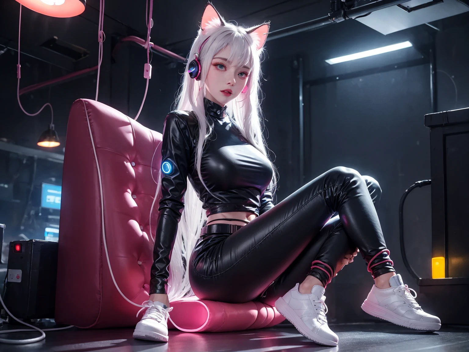 Ultra-detailed complex 3D rendering Jinx Arcane League of Legends, ((long hair))), ((with cute face)), woman with cat ears, wearing short black shorts, leather shorts, shorts that are extremely tight to the body, glued clothes, White hair, perfect proposals, medium chest, cloused mouth. malice in the eyes, eyes black, big-ass, medium chest, body skinny, Waist slender, 20-year-old woman, Brown eyes, long hair, cute expression, 150 mm, beautiful soft studio light, ring light, vibrant details, lace, hiper-realisitic, anatomical, facial muscles, beautiful background, octane rendering, RH Giger Style, 8k, best qualityer, masterpiece, illustration, extremely delicate and beautiful, extremely detaild, CG, unity, wall-paper, (realisitic, Fotorrealisitic | |: 1,37), incredible, finely detail, masterpiece, best qualityer, offcial art, wall-paper 8k de unity CG extremely detaild, absurdrez, incrivelmente absurdrez, (((Shorts))),(((White hair))), High Waist Shorts, (((cat ear protector))), (((long hair))), capeuz com orelhas de gato, catboy_ears_capeuz, catboy_ears_cape
