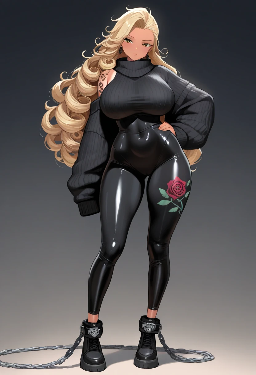 chubby woman,black makeup,close face,swimsuit,Long blonde hair, tattoos, solo
